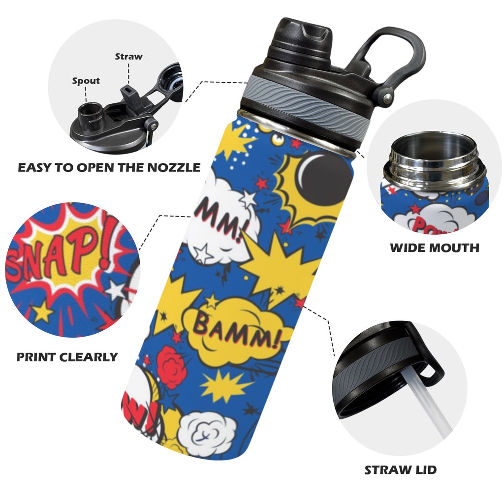 Blue Comic Book - Insulated Water Bottle with Dual-Use Lid (18oz) Insulated Water Bottle with Dual-Use Lid (18oz) comic Printed Offshore