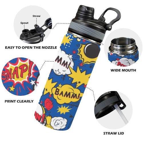 Blue Comic Book - Insulated Water Bottle with Dual-Use Lid (18oz) Insulated Water Bottle with Dual-Use Lid (18oz) comic Printed Offshore