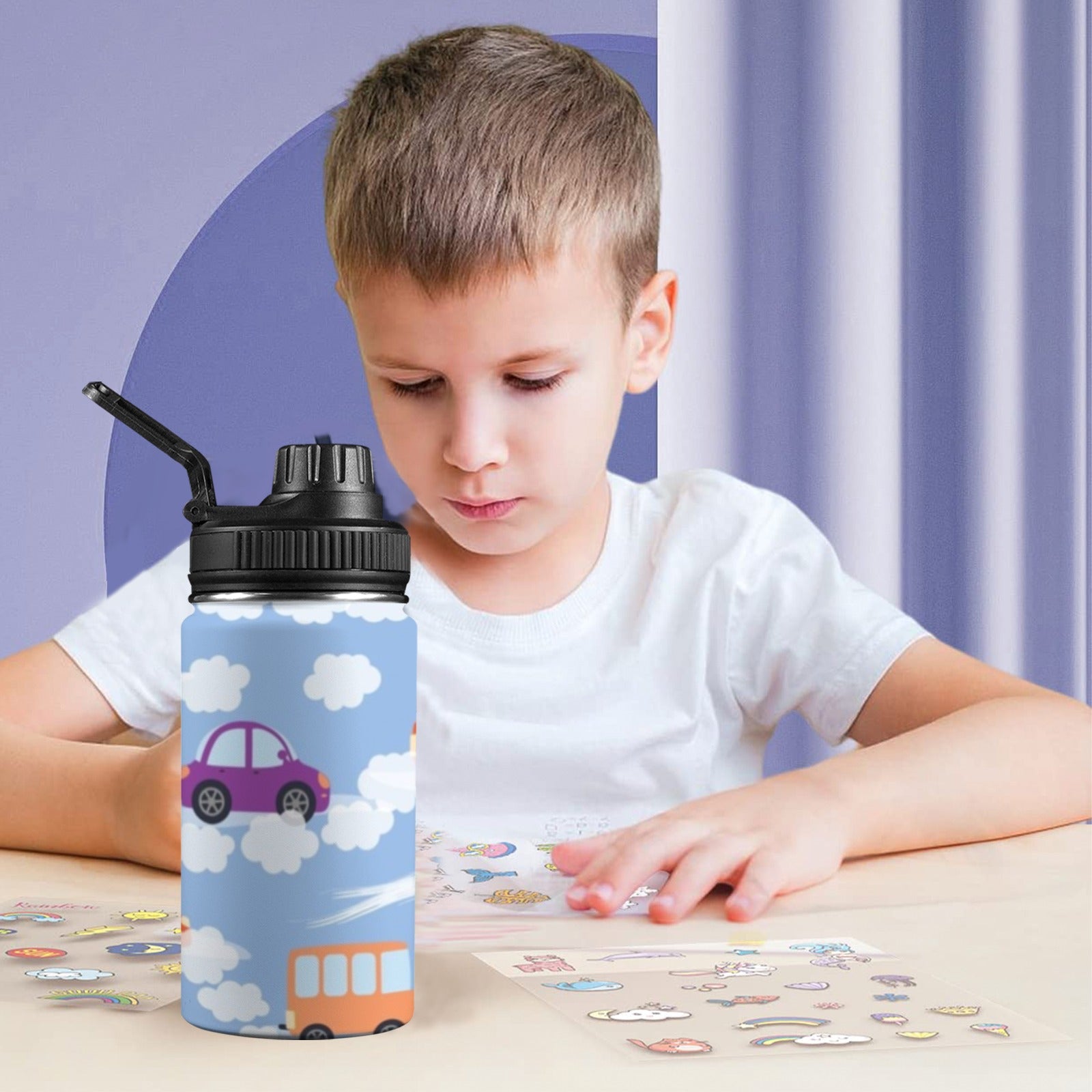 Colourful Cars Kids Water Bottle with Chug Lid (12 oz) Kids Water Bottle with Chug Lid Printed Offshore