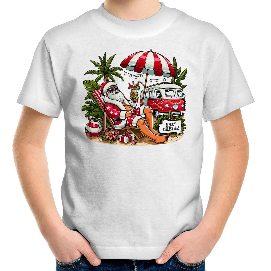 Santa By The Beach- Kids Youth T-shirt White Kids Christmas T-shirt Christmas Printed In Australia