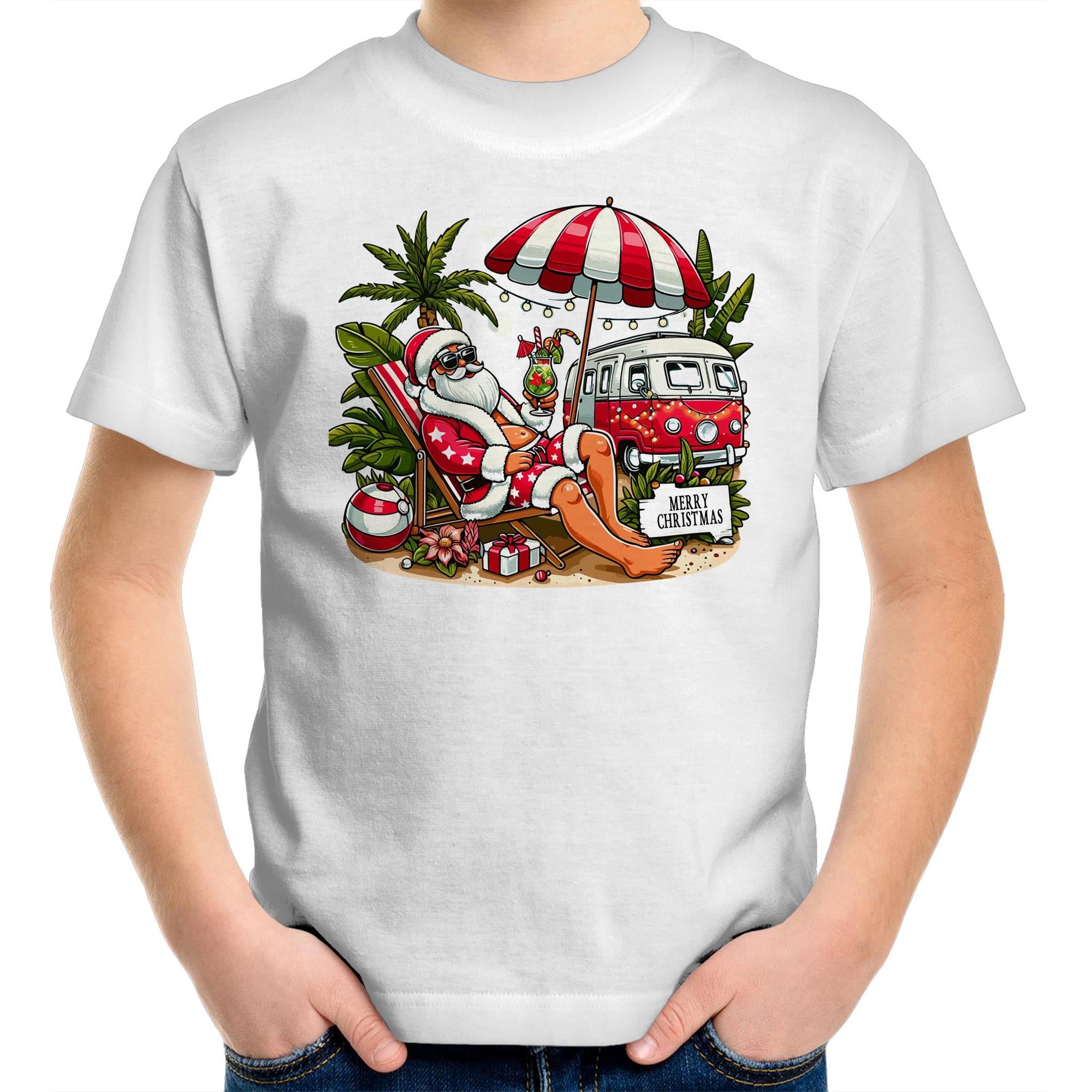Santa By The Beach- Kids Youth T-shirt White Kids Christmas T-shirt Christmas Printed In Australia