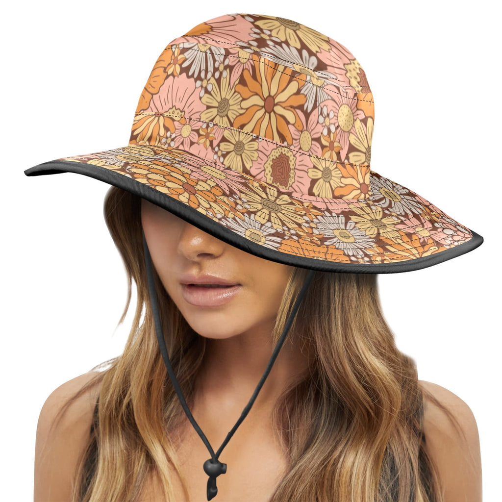 Orange Retro Floral Wide Brim Bucket Hat Wide Brim Bucket Hat Plants Printed Offshore