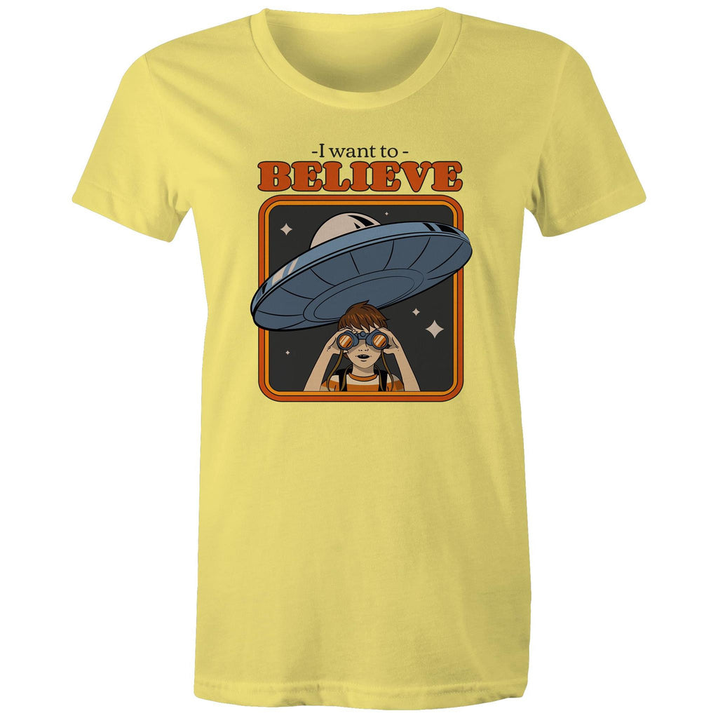 I Want To Believe, UFO - Womens T-shirt Yellow Womens T-shirt Printed In Australia Sci Fi