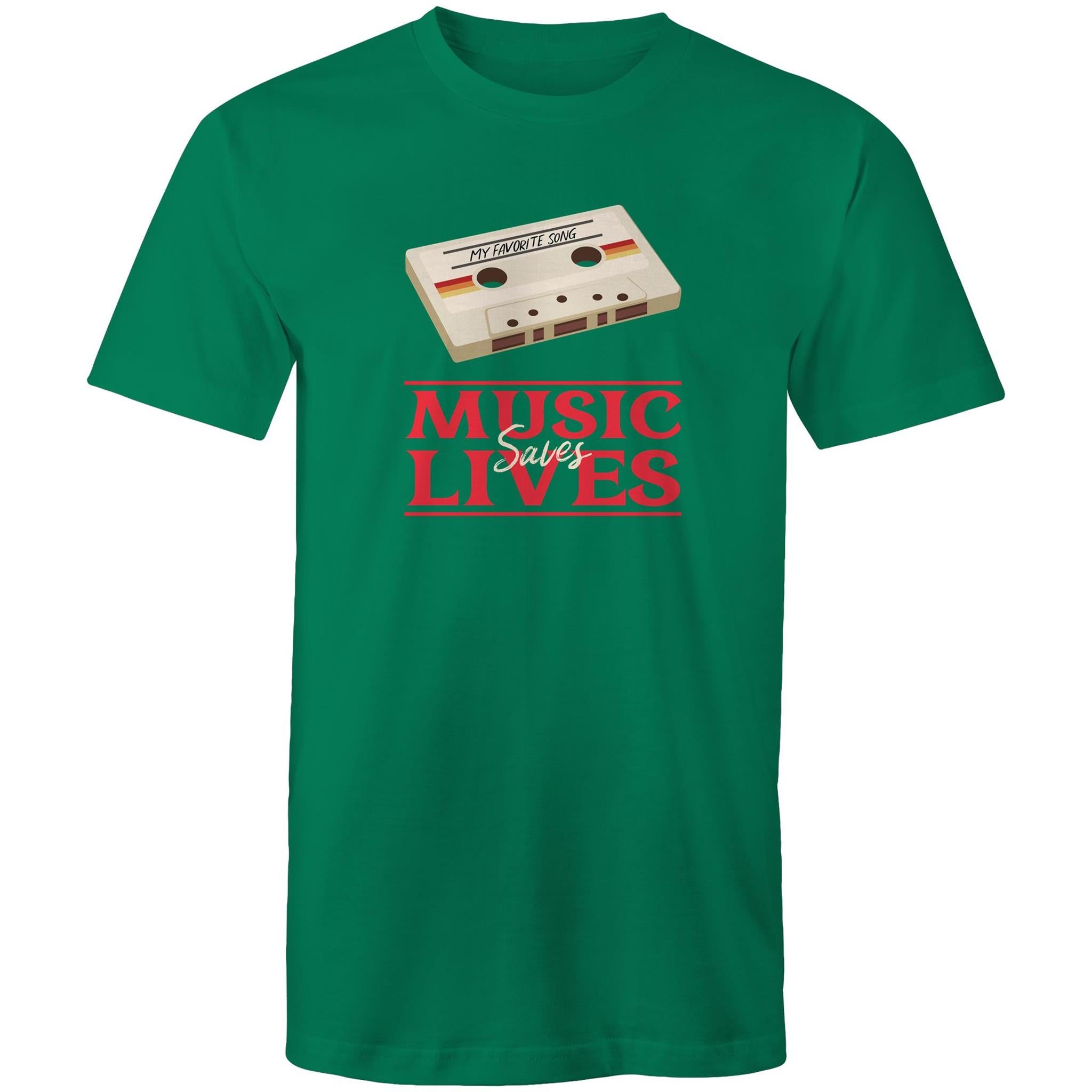 Music Saves Lives, Cassette Tape - Mens T-Shirt Kelly Green Mens T-shirt Music Printed In Australia Retro