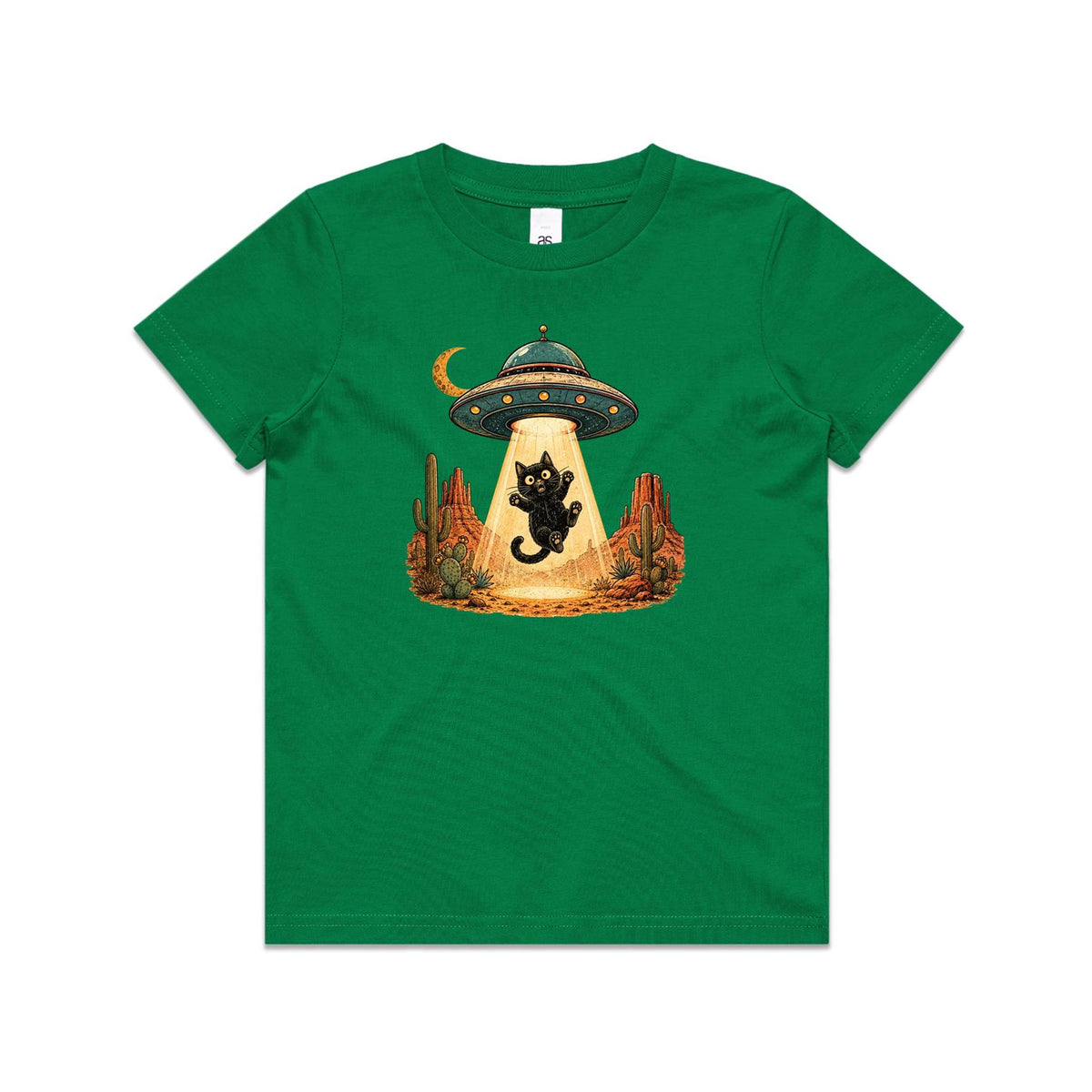 Black Cat Alien UFO Abduction Kids AS Colour T-shirt
