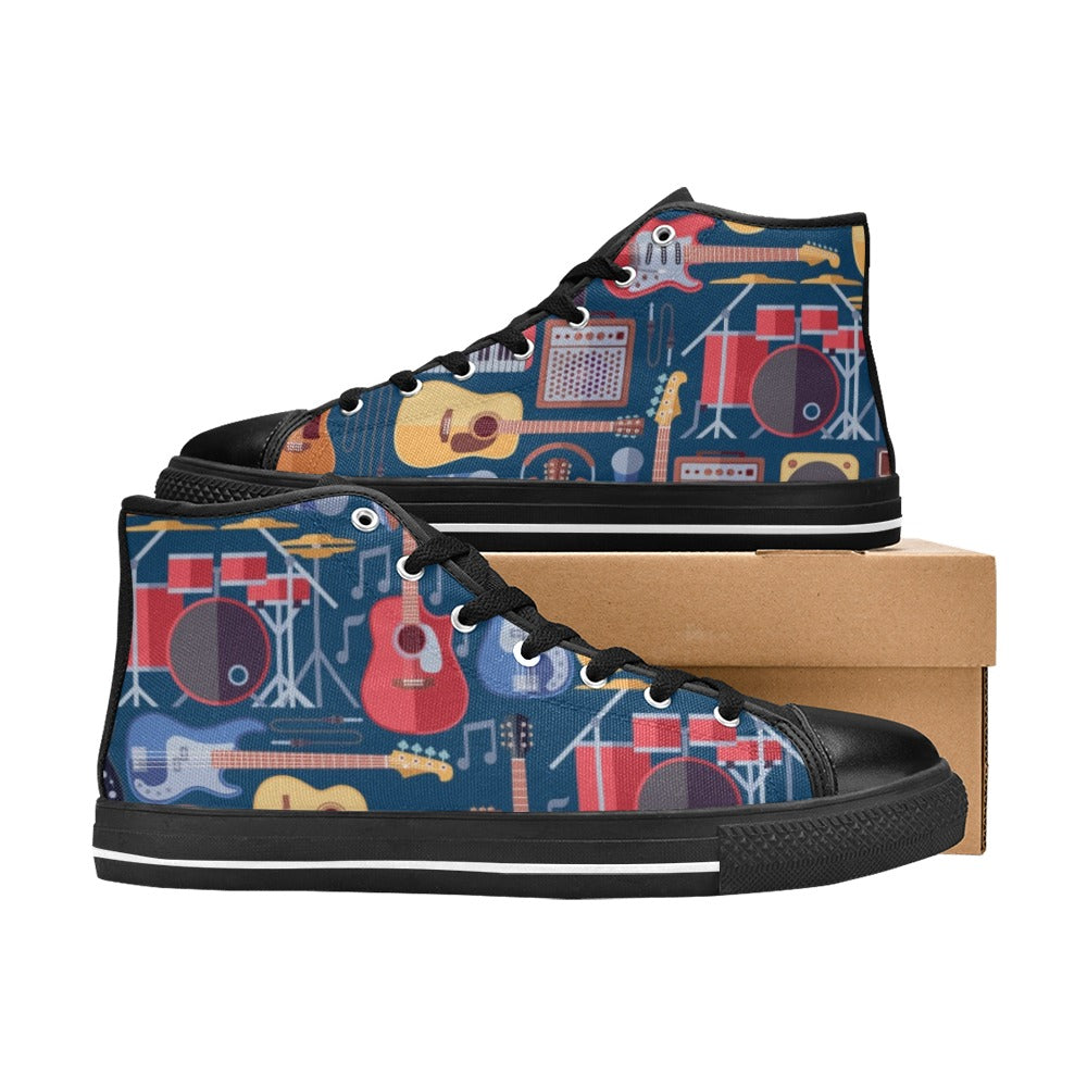 Music Instruments Blue - Kids High Top Canvas Shoes