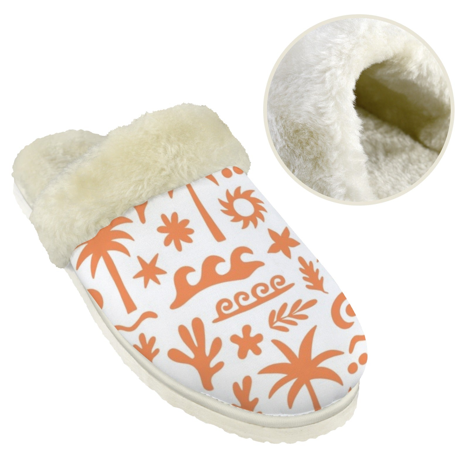 Orange Surf - Men's Fur Trim Thick-Sole Indoor Slippers Men's Fur Trimmed Slippers Printed Offshore Surf