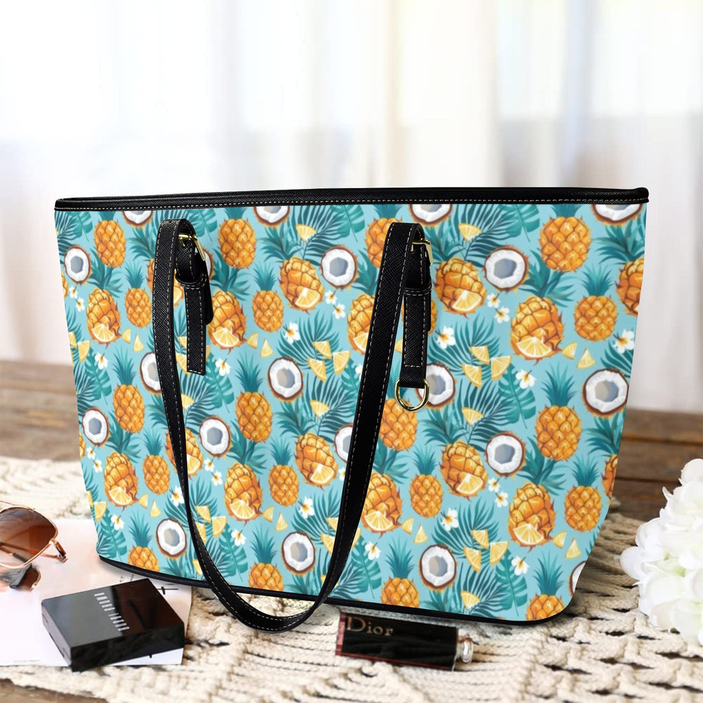 Pineapple Coconut PU Leather Tote Bag Large Leather Tote Bag-Large Food Printed Offshore