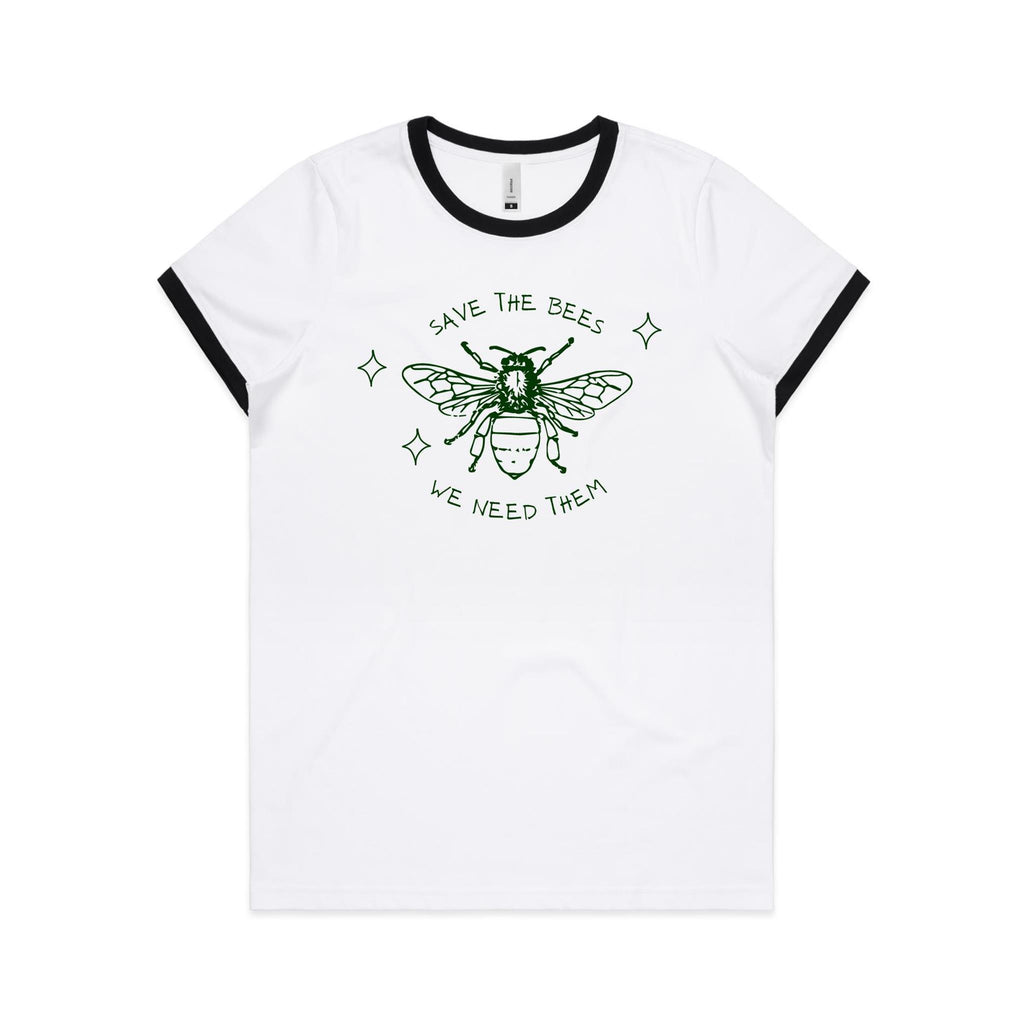 Save The Bees - Women's Ringer Tee White Black Womens Ringer T-shirt animal Environment Printed In Australia