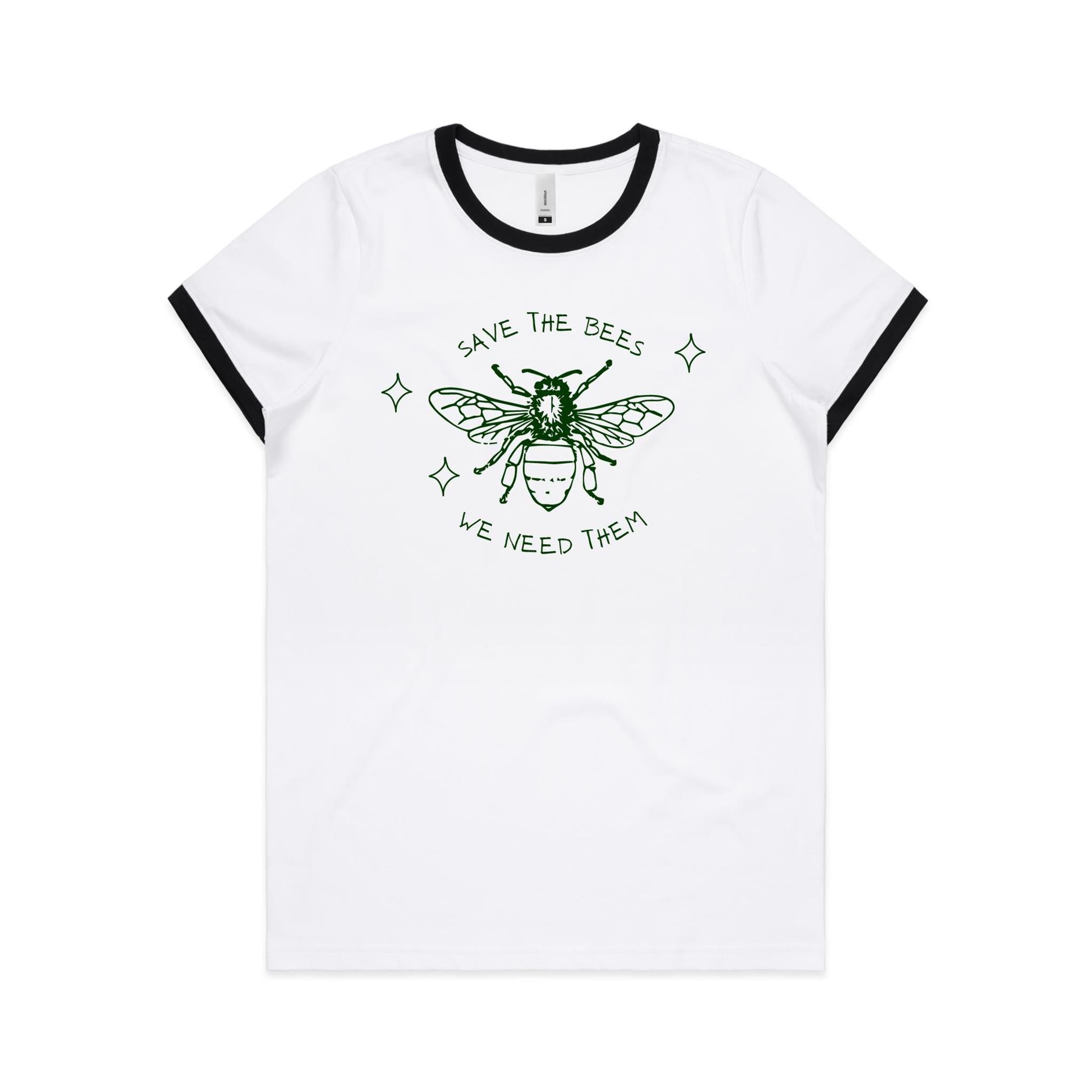 Save The Bees - Women's Ringer Tee White Black Womens Ringer T-shirt animal Environment Printed In Australia