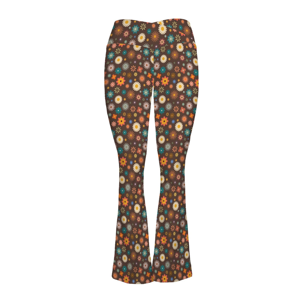 Abstract Floral On Brown High Waist Crossover Tummy Control Flare Leggings