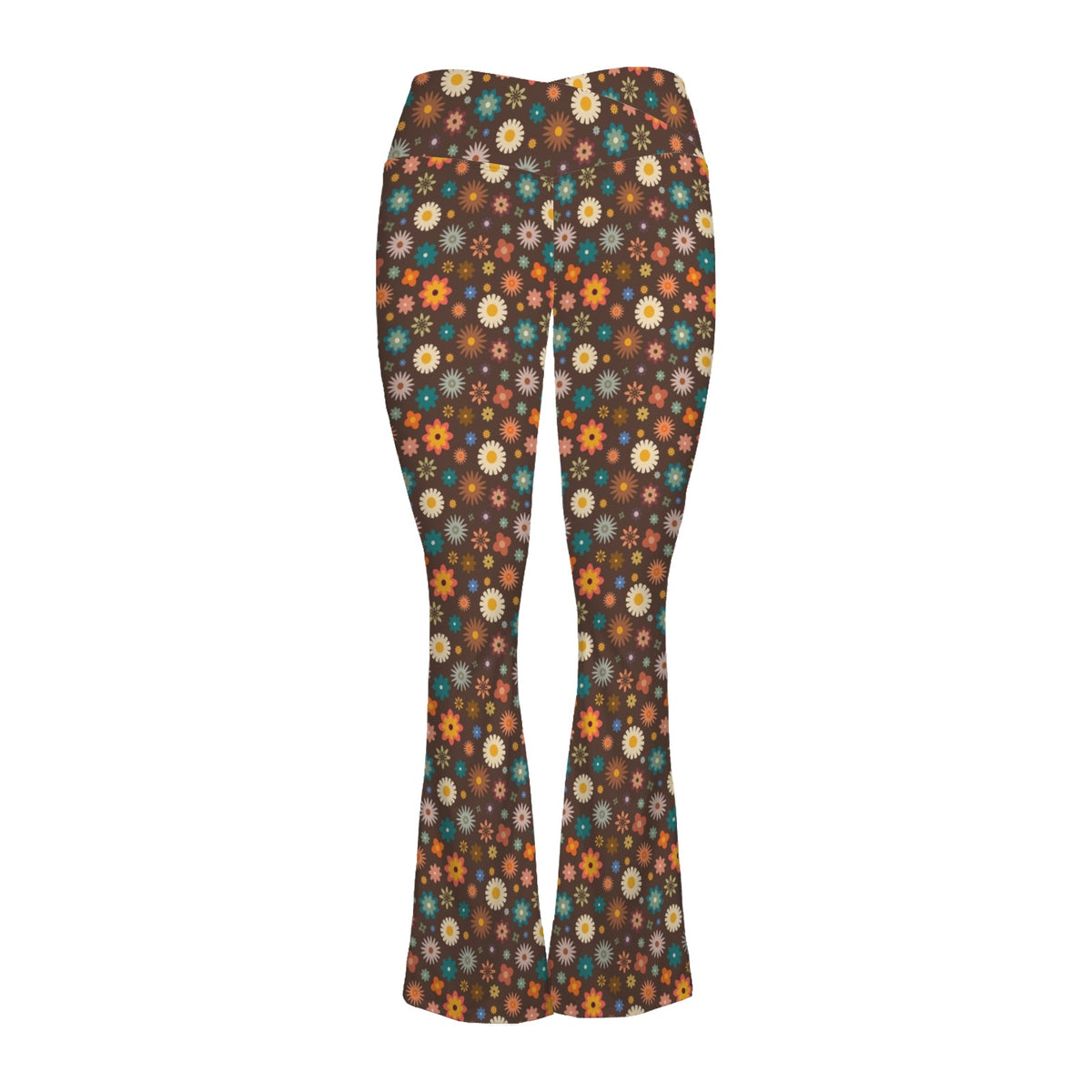 Abstract Floral On Brown High Waist Crossover Tummy Control Flare Leggings
