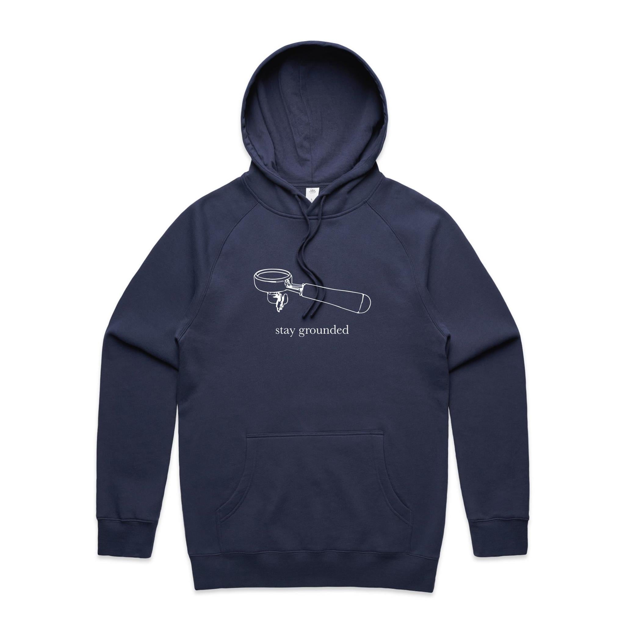 Stay Grounded, Coffee Portafilter - Mens Hoodie Midnight Blue Mens Hoodie Coffee Printed In Australia