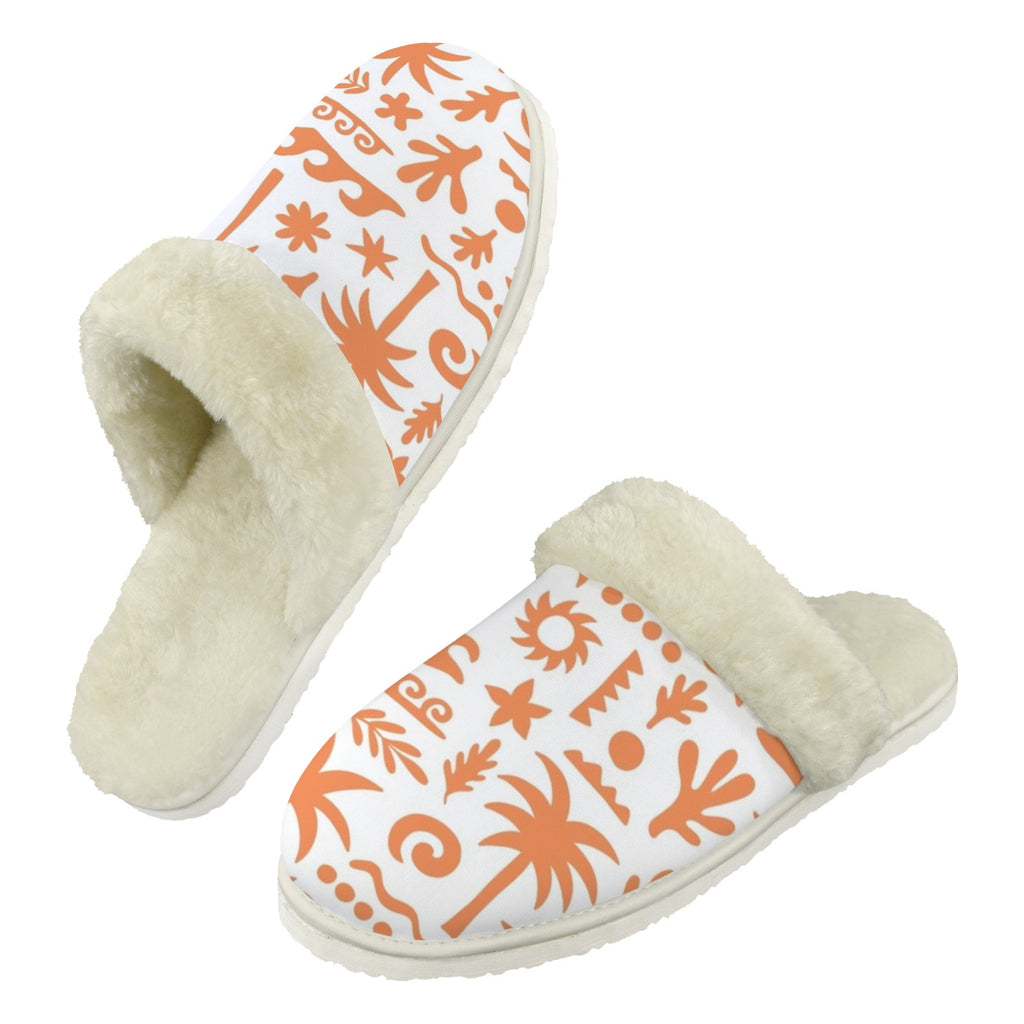 Orange Surf Men's Fur Trim Thick-Sole Indoor Slippers 2XL Men's Fur Trimmed Slippers Printed Offshore Surf