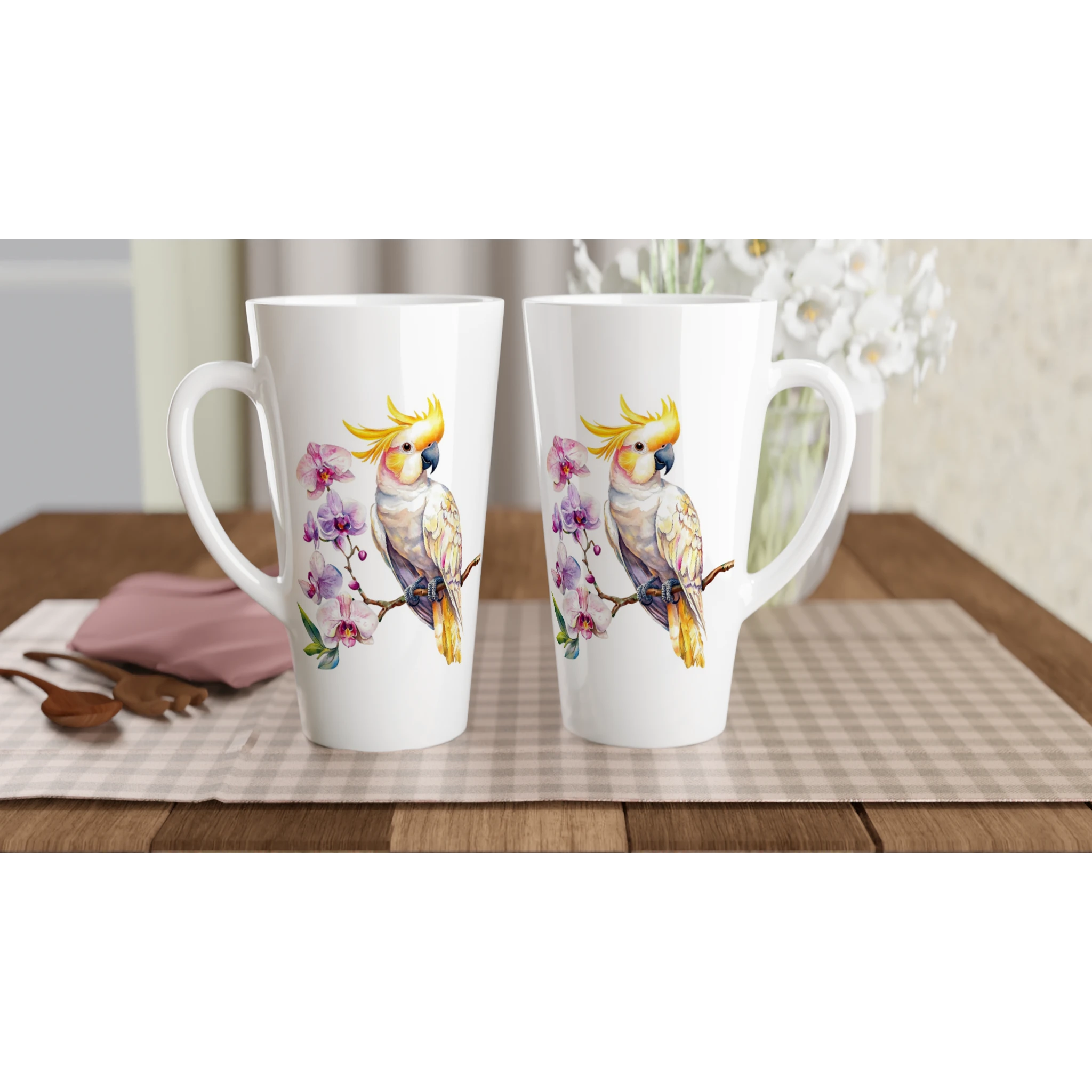 Personalise - Cockatoo, Australian Birds - White Latte 17oz Ceramic Mug Personalised Latte Mug animal Globally Fulfilled