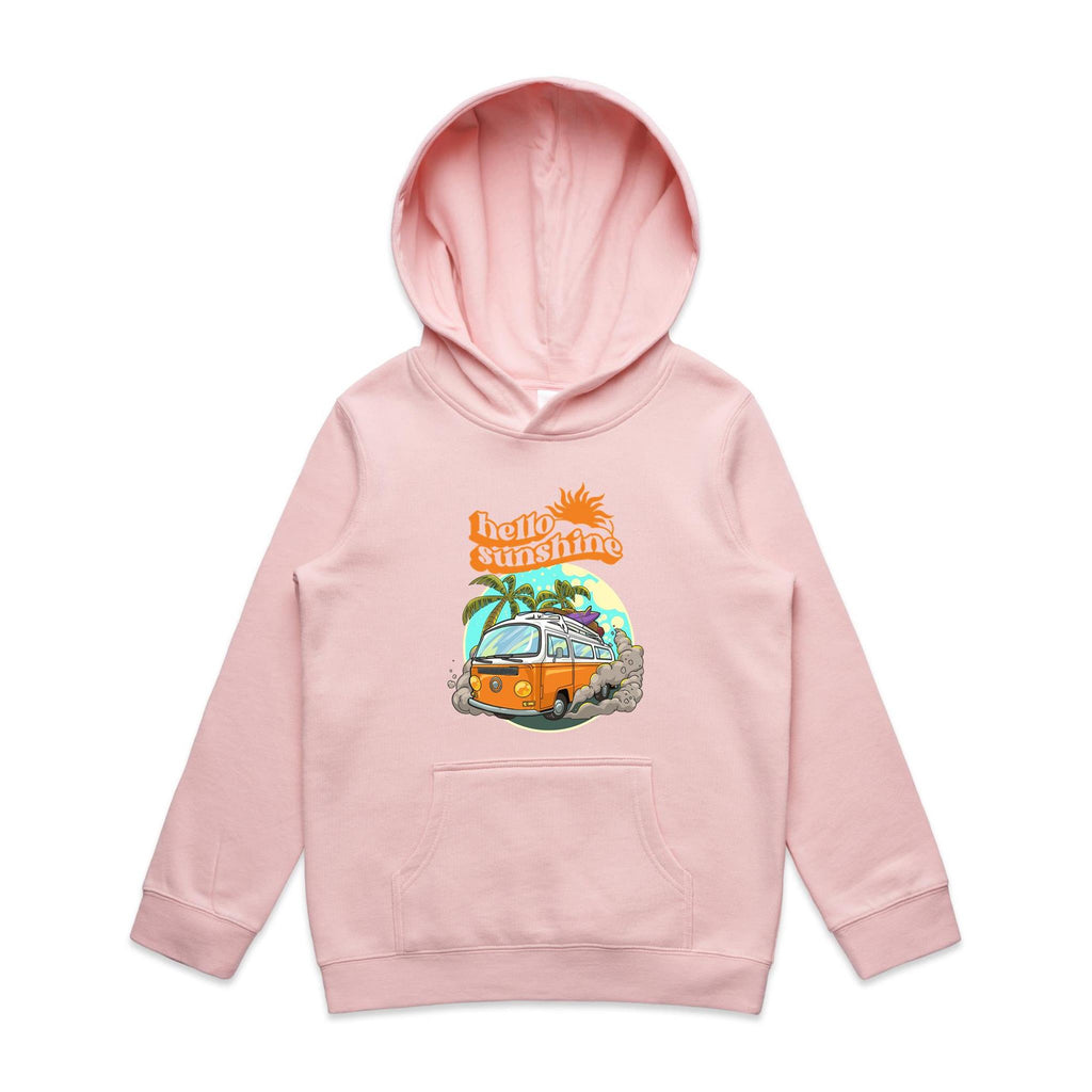 Hello Sunshine, Beach Van - Kids Hoodie Pink Kids Hoodie Printed In Australia