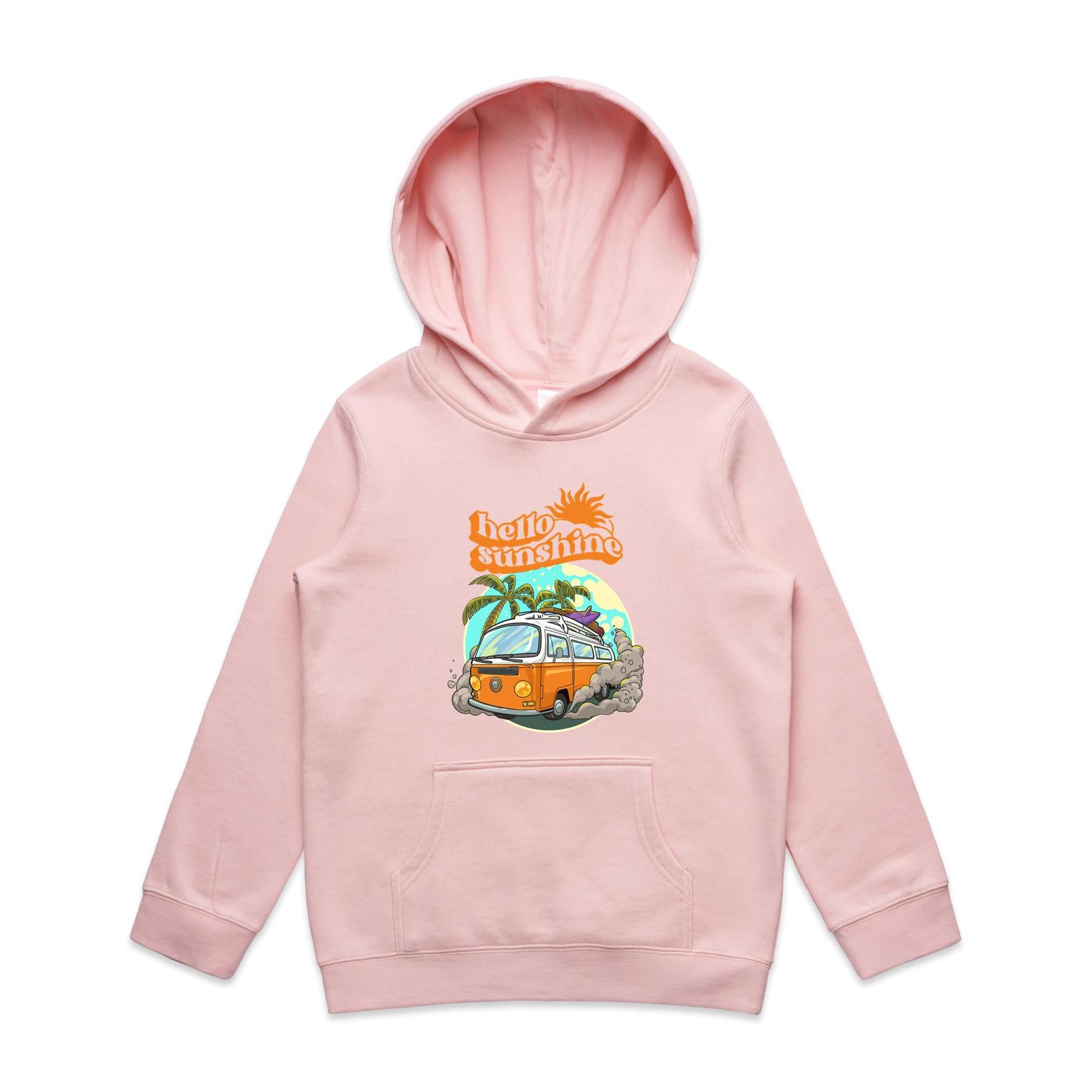Hello Sunshine, Beach Van - Kids Hoodie Pink Kids Hoodie Printed In Australia
