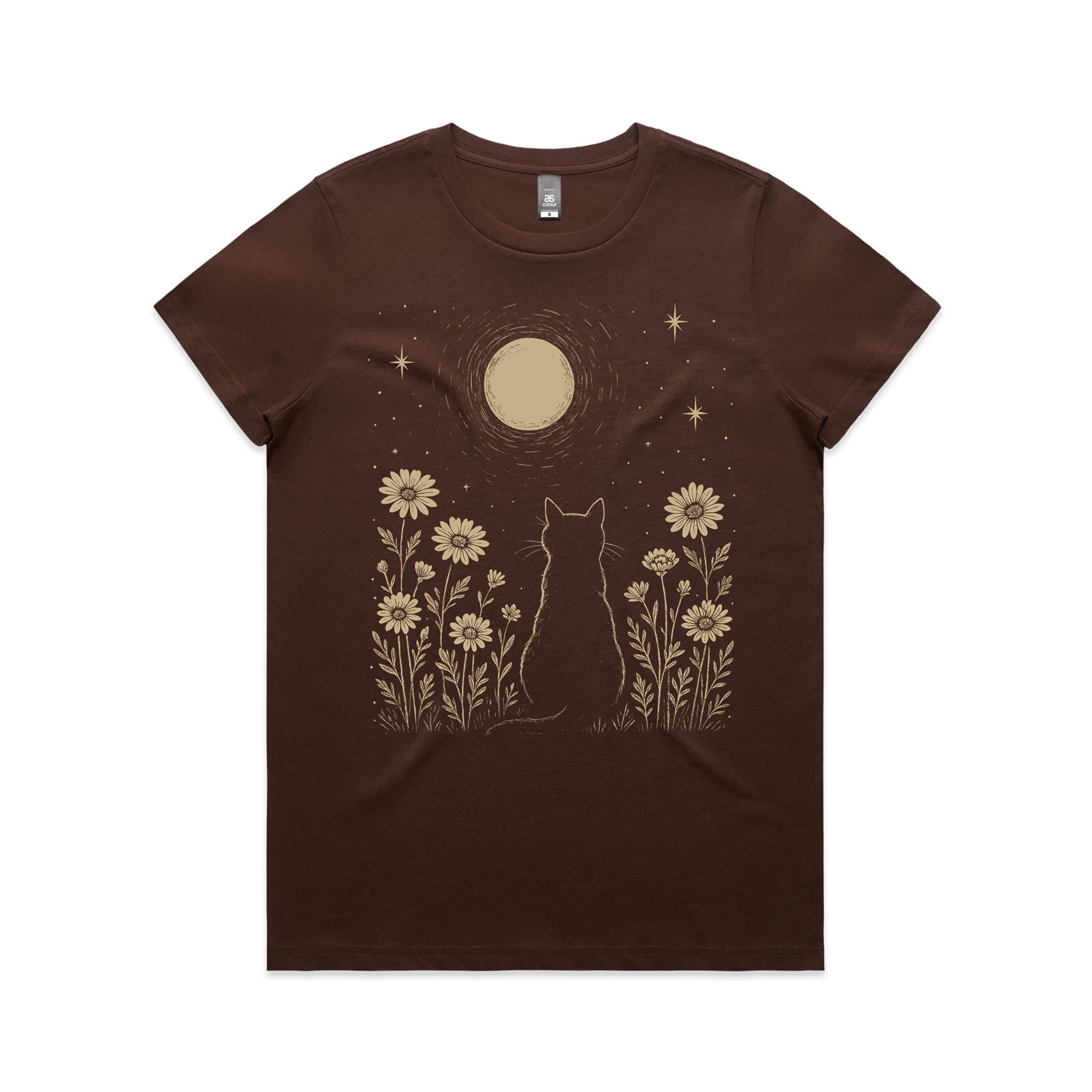 Whimsical Cat And Moon - Womens T-shirt Chestnut Womens T-shirt animal Printed In Australia