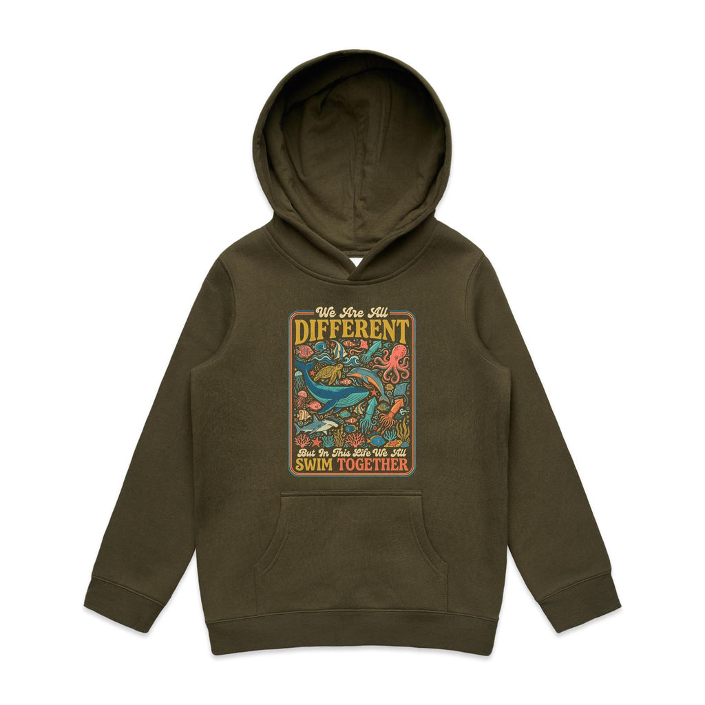 We Are All Different, But We All Swim Together Kid's AS Colour Hoodie Army Kids Hoodie animal Ocean Positivity Printed In Australia