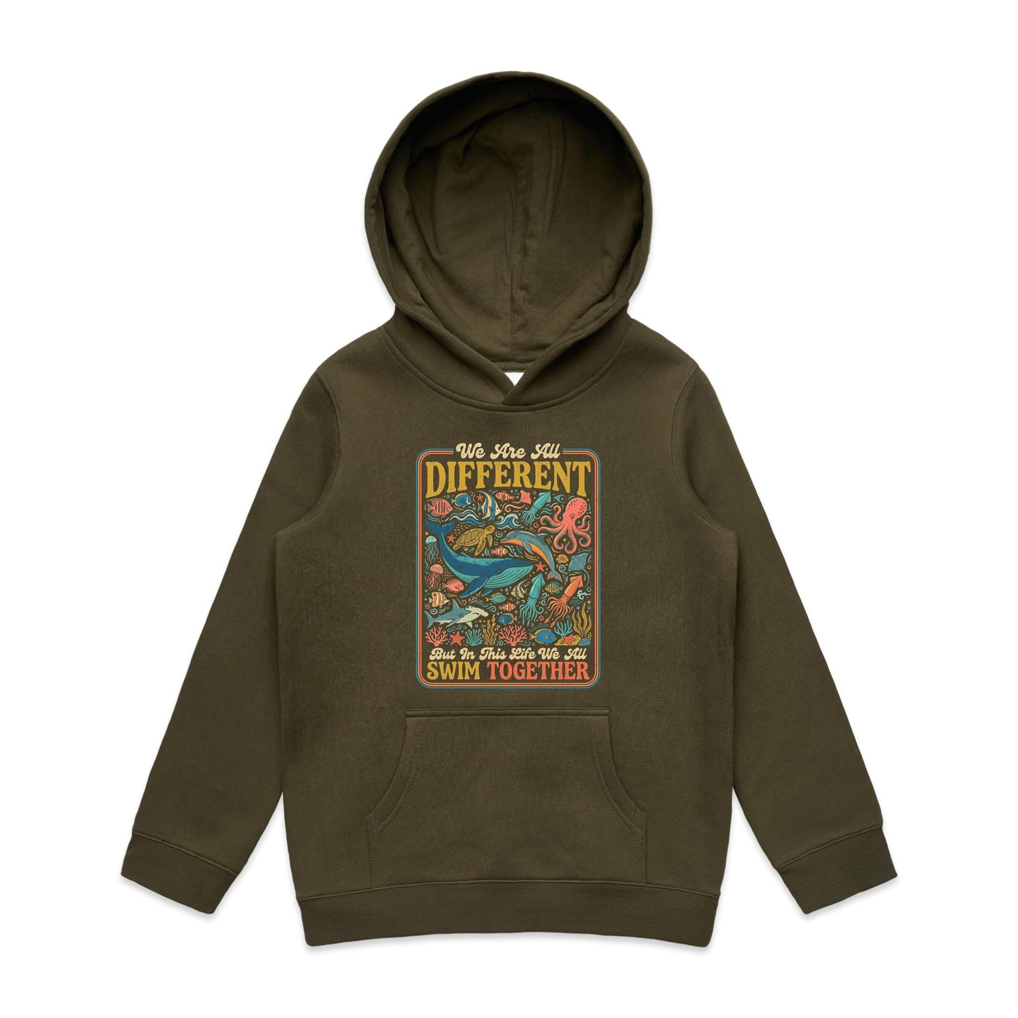 We Are All Different, But We All Swim Together - Kid's AS Colour Hoodie Army Kids Hoodie animal Ocean Positivity Printed In Australia
