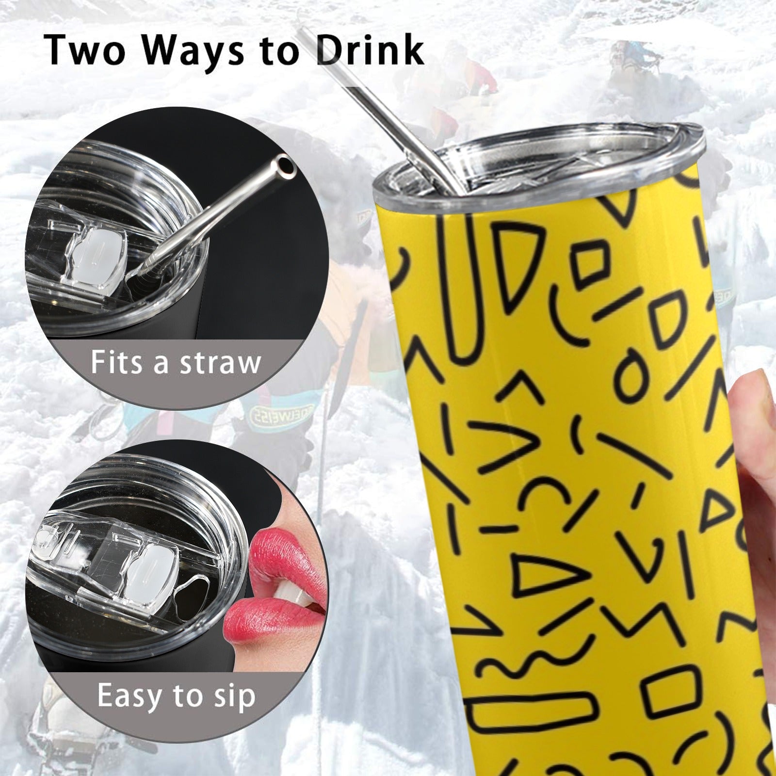 Black Squiggle On Yellow - 20oz Tall Skinny Tumbler with Lid and Straw