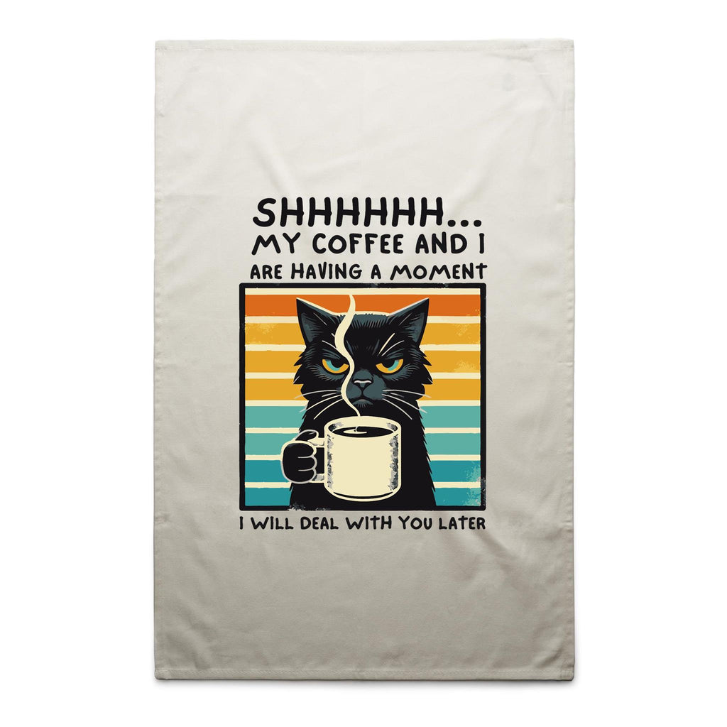 Shhh, My Coffee And I Are Having A Moment, Cat - AS Colour Tea Towel Cream One Size Tea Towel animal Coffee Printed In Australia