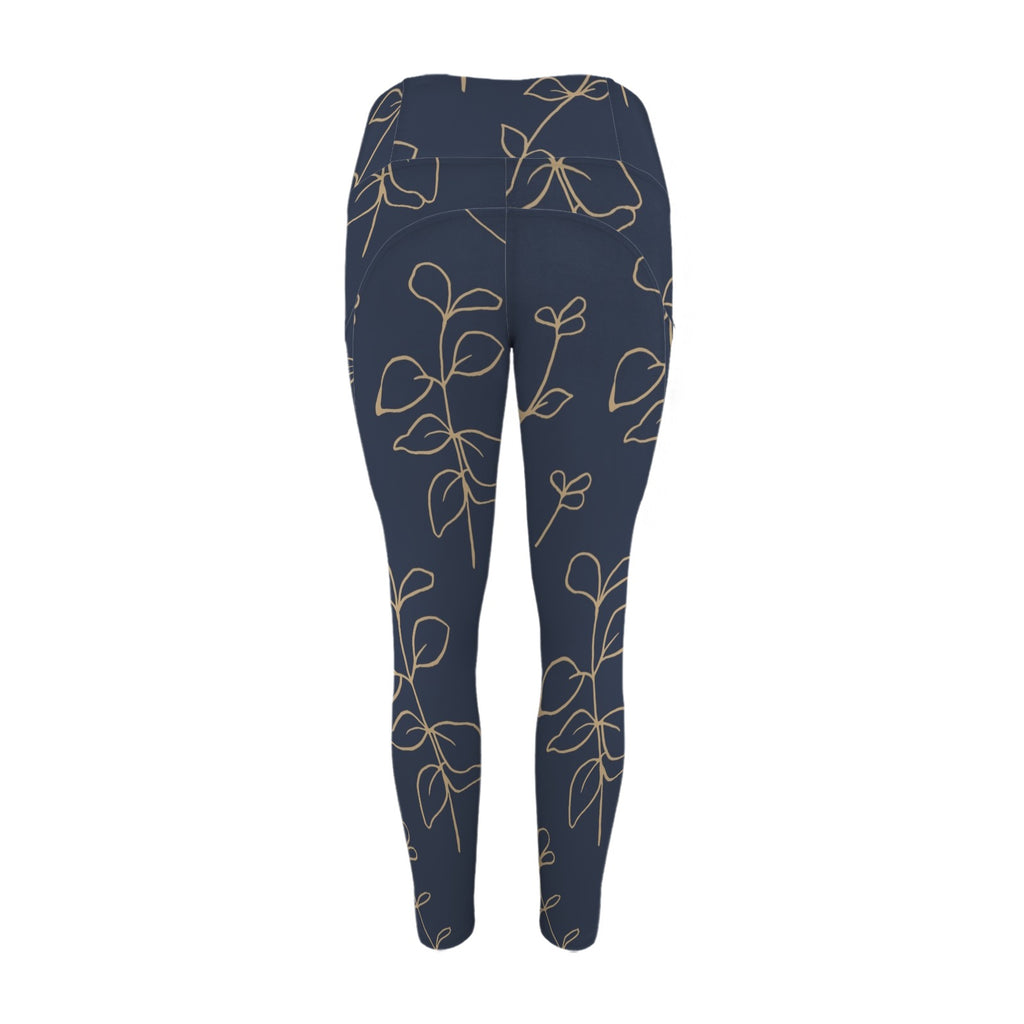 Gold Flowers On Navy - Women's High Waist Pockets Yoga Leggings