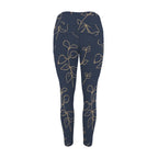 Gold Flowers On Navy - Women's High Waist Pockets Yoga Leggings