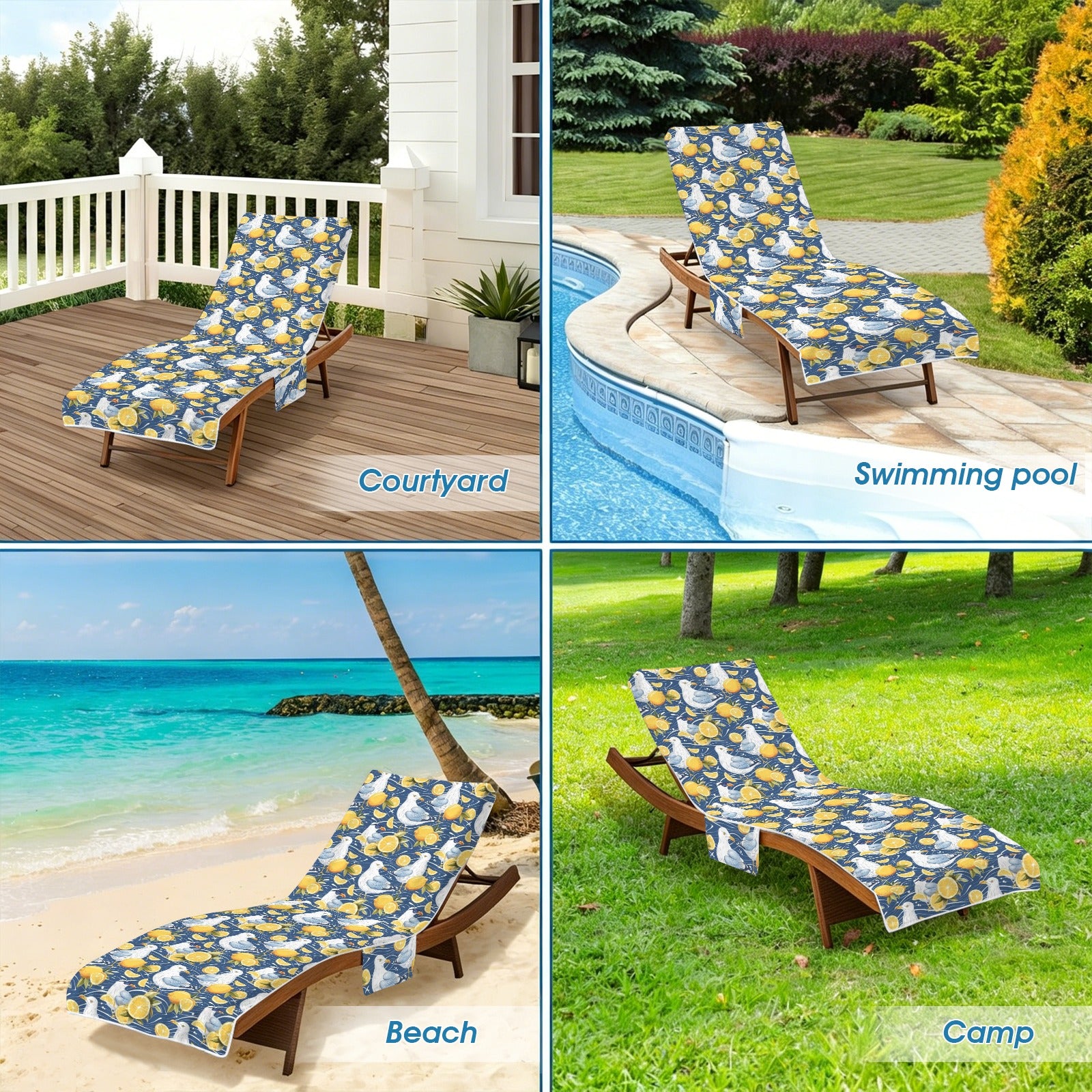 Lemon Seagull Beach Chair Towel Cover with Side Pockets