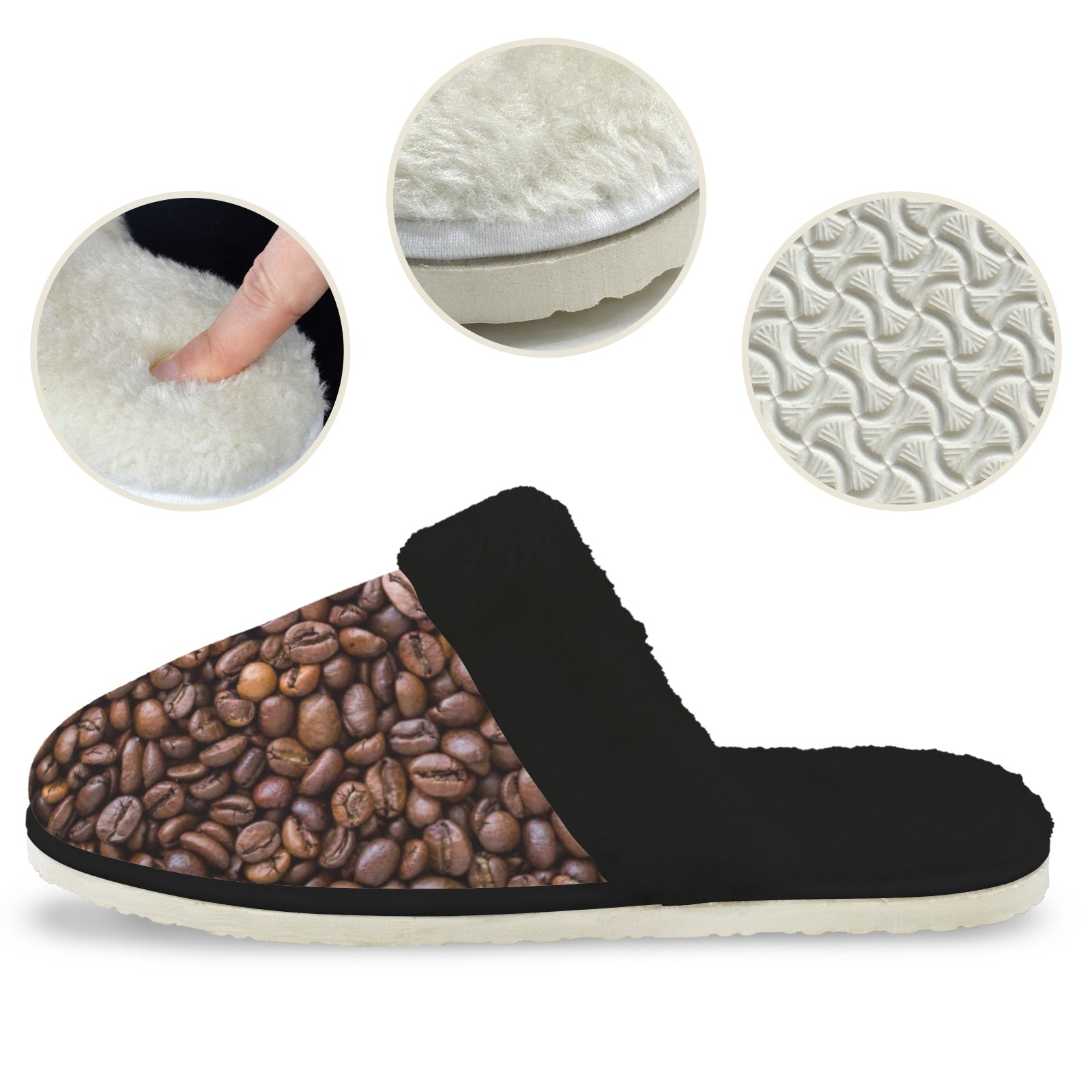 Coffee Beans - Men's Fur Trim Thick-Sole Indoor Slippers Men's Fur Trimmed Slippers Coffee Printed Offshore