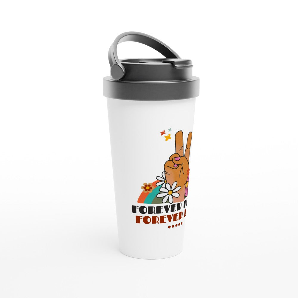 Forever Peace Forever Love - White 15oz Stainless Steel Travel Mug Travel Mug Globally Fulfilled positivity retro