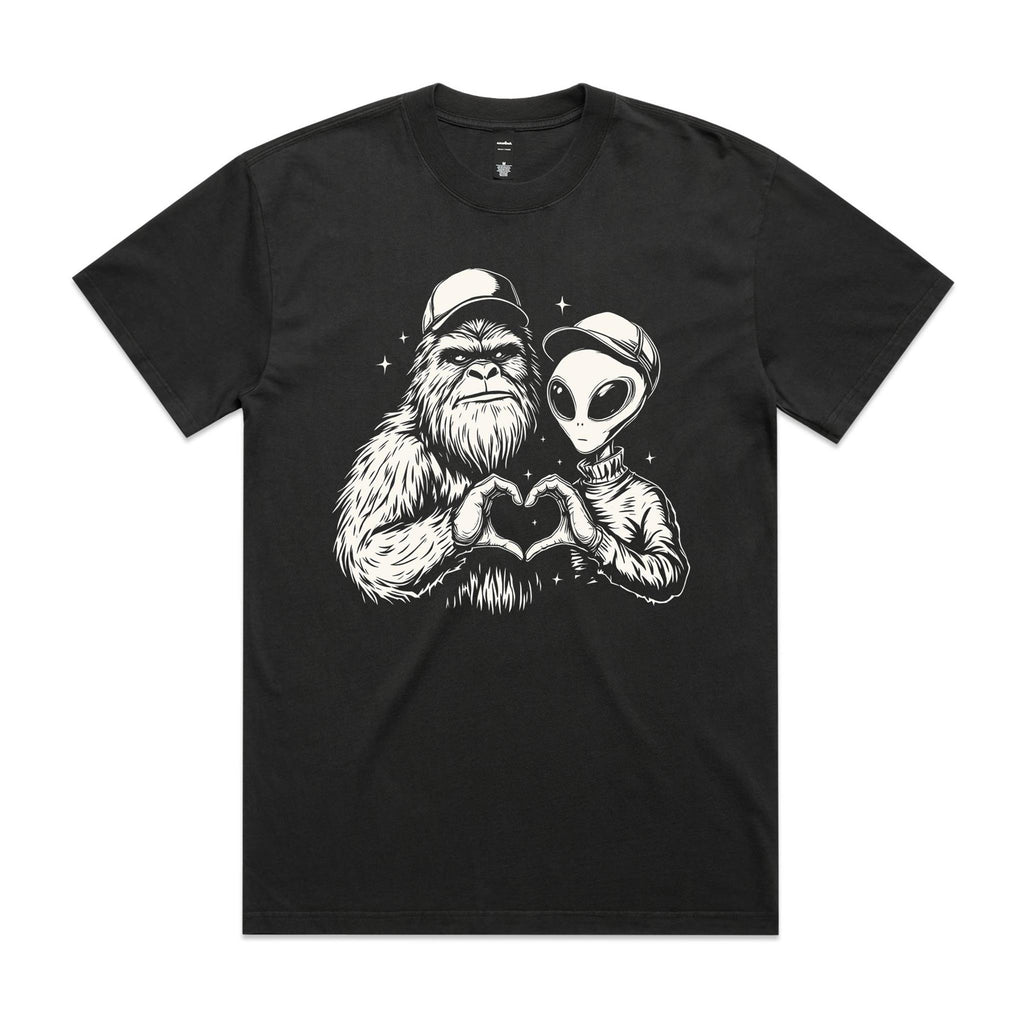 Alien And Bigfoot Heart Hands AS Colour Heavy Faded Tee Unisex Faded coal Heavy Faded T-shirt Printed In Australia Sci Fi