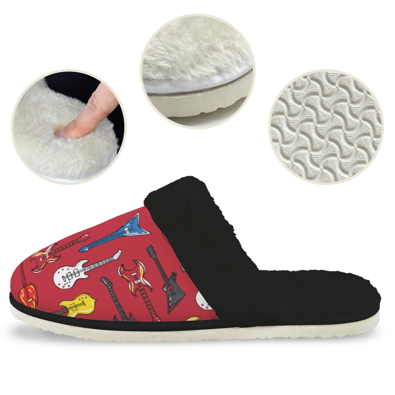 Guitars On Red Men's Fur Trim Thick-Sole Indoor Slippers Men's Fur Trimmed Slippers Music Printed Offshore