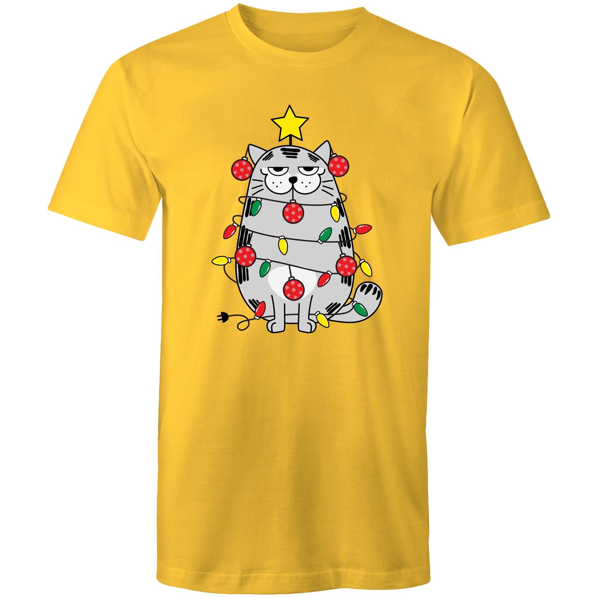 Christmas Cat - Mens T-Shirt Yellow Mens Christmas T-shirt Christmas Printed In Australia