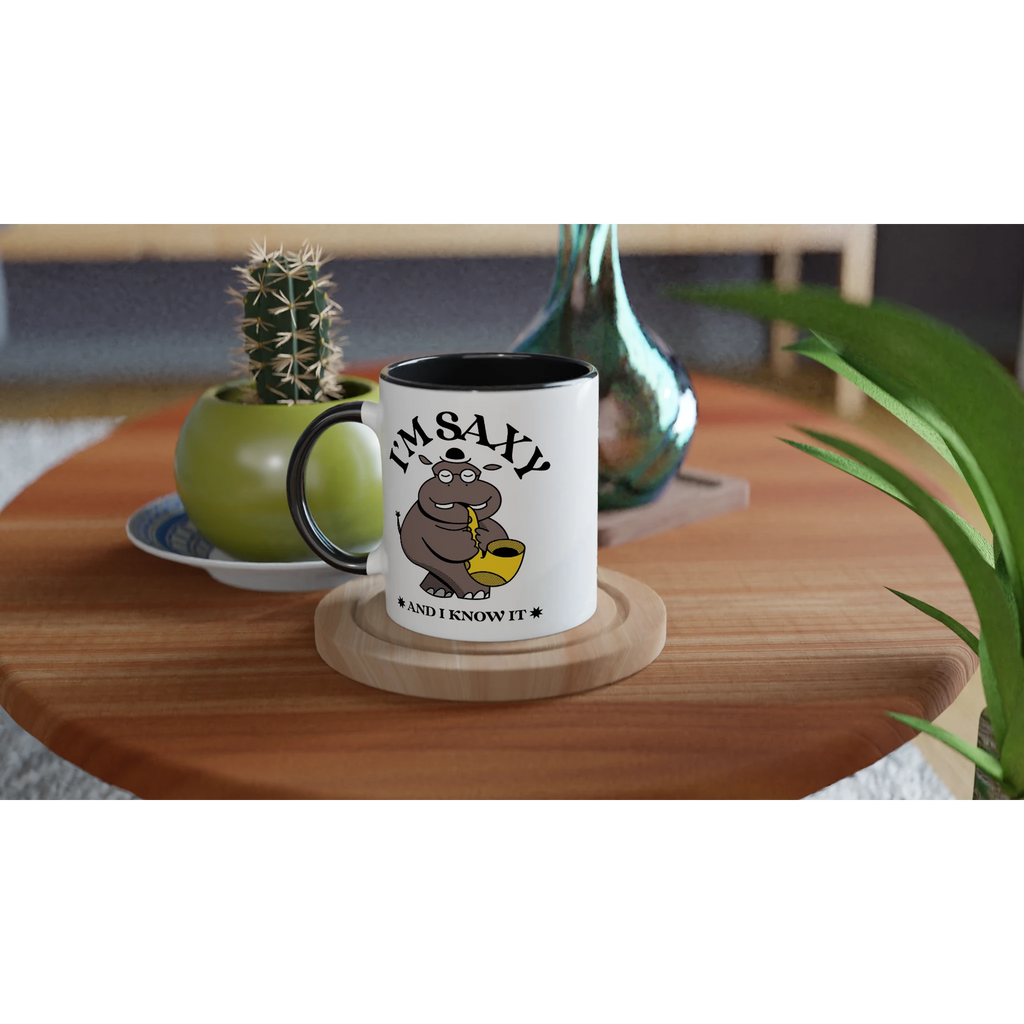 Personalised - I'm Saxy And I Know It, Saxophone Hippo - White 11oz Ceramic Mug with Colour Inside Personalised 11oz Mug animal customise Globally Fulfilled Music personalise