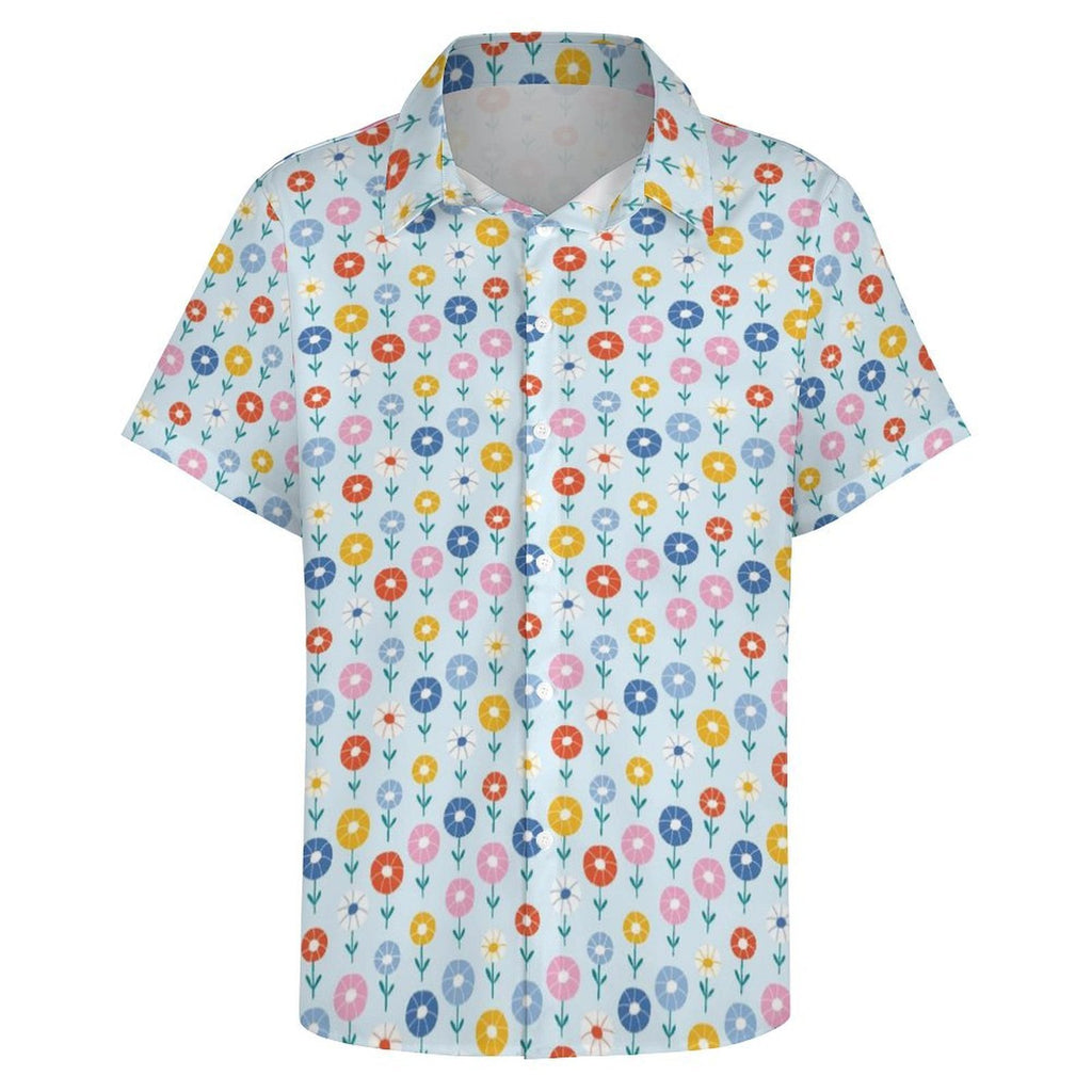Abstract Cute Flowers Women's Collared Pocketless Short Sleeve Shirt