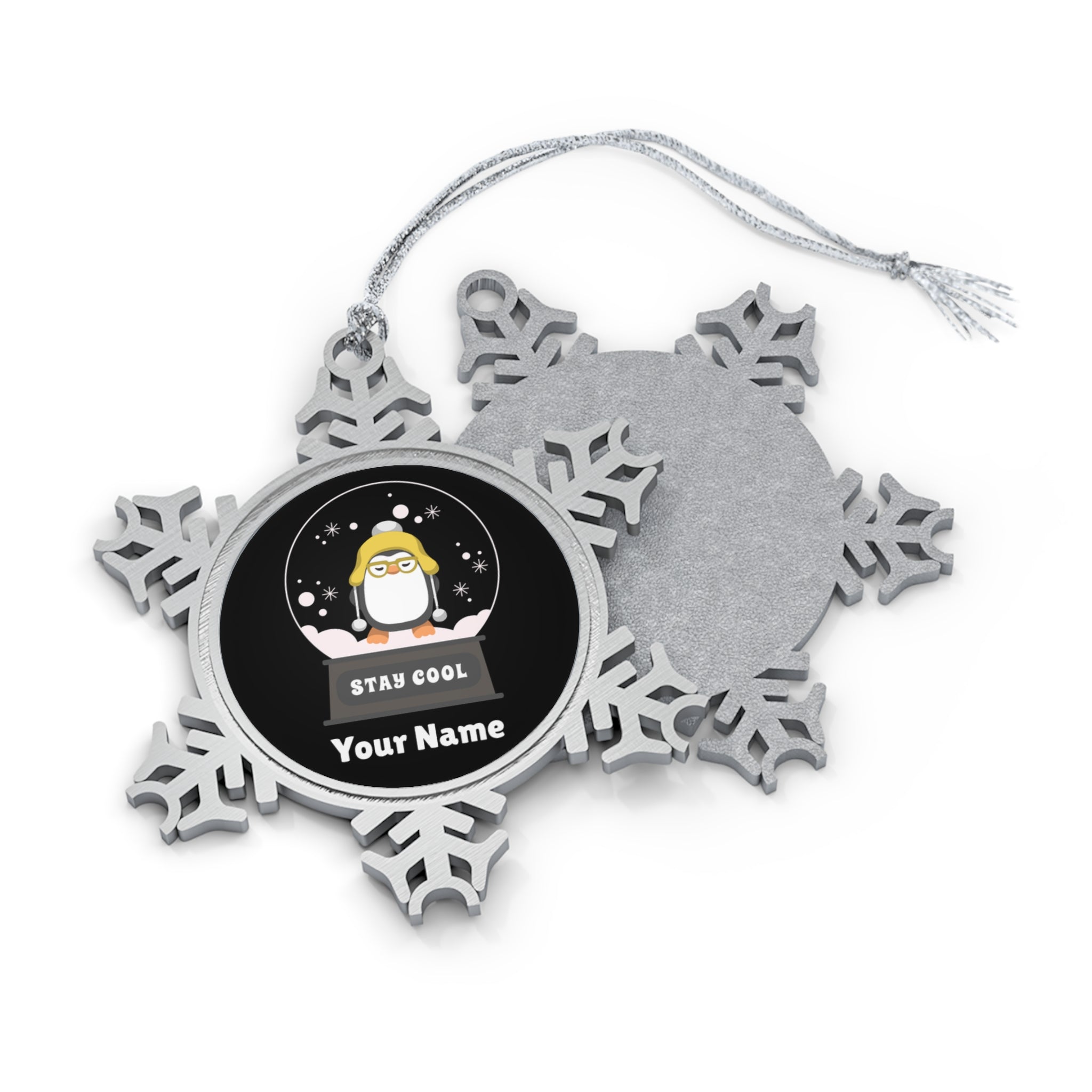 Personalised - Penguin Stay Cool, Snow Globe - Christmas Pewter Snowflake Ornament