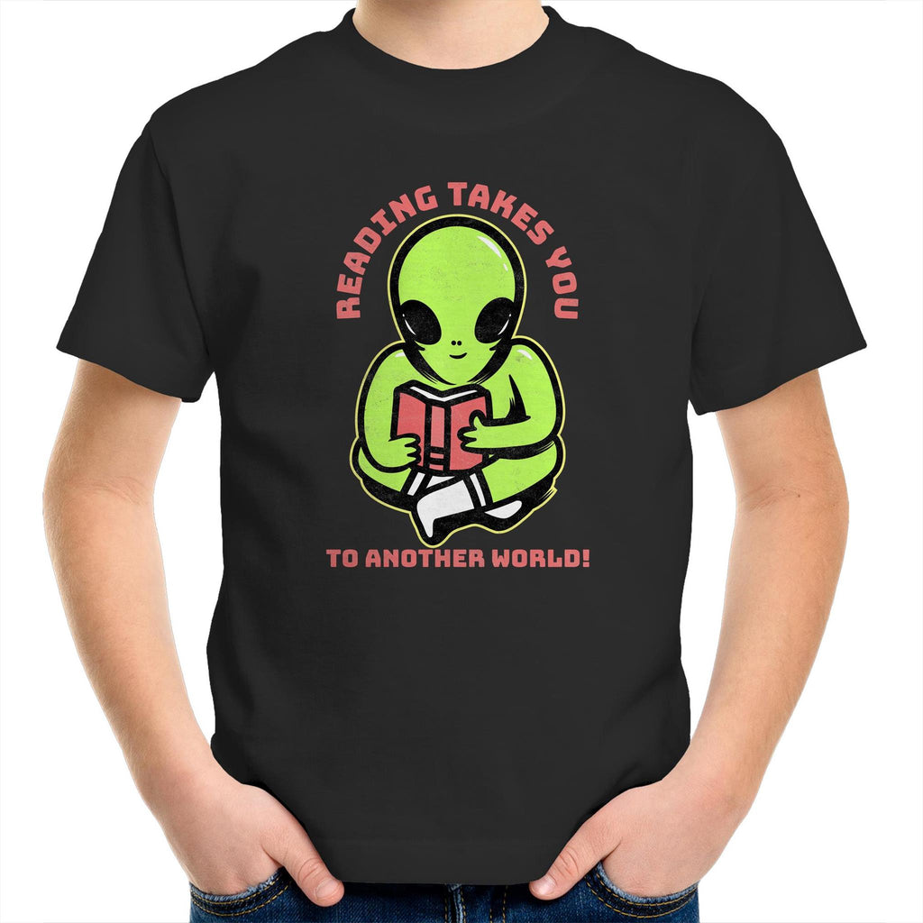 Reading Takes You To Another World, Alien - Kids Youth T-Shirt Black Kids Youth T-shirt Printed In Australia Reading Sci Fi