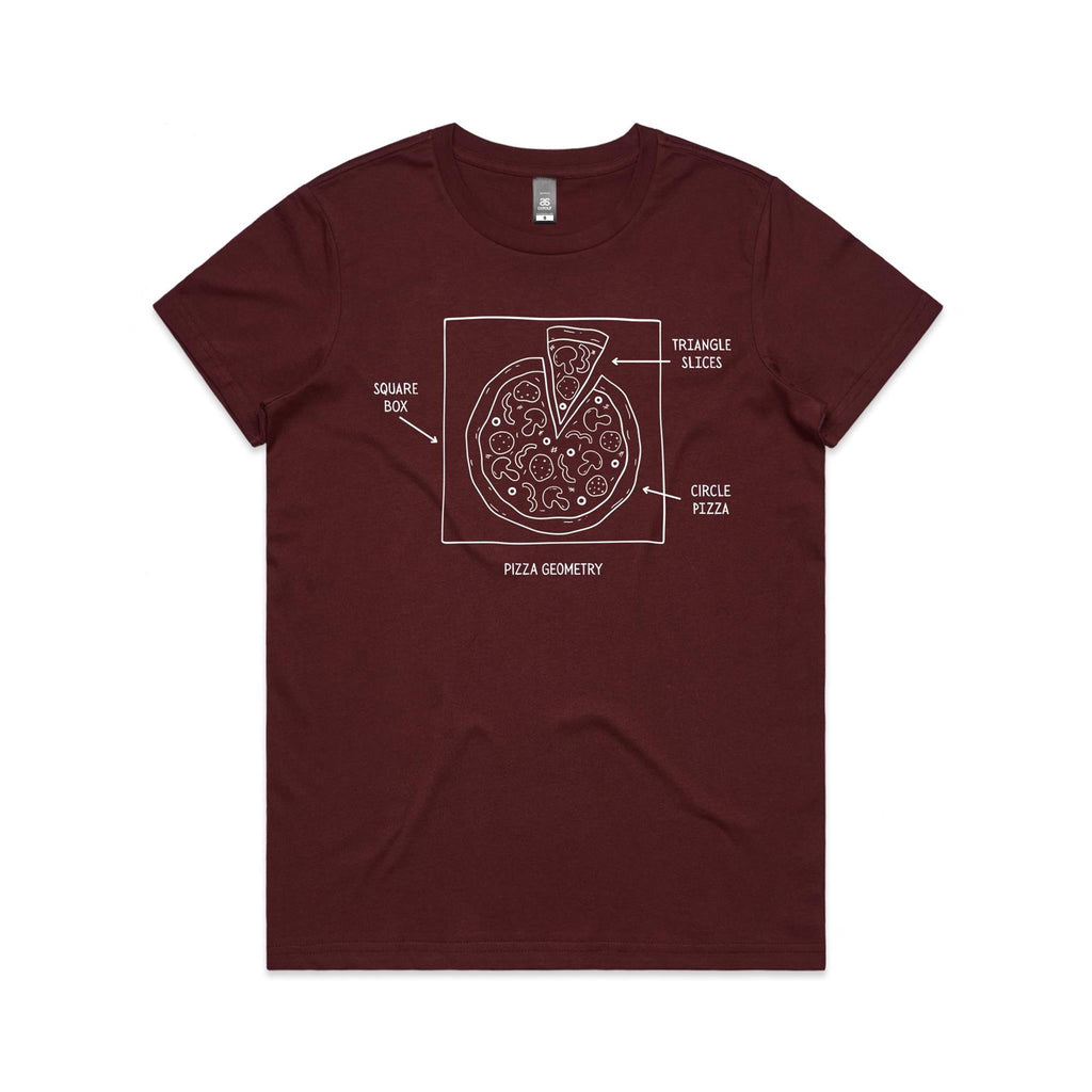 Pizza Geometry Women's AS Colour T-shirt Burgundy Womens T-shirt Food Maths Printed In Australia