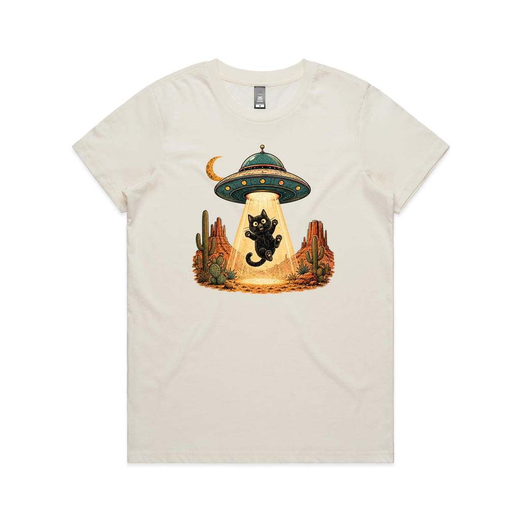 Black Cat Alien UFO Abduction Women's AS Colour T-shirt Natural Womens T-shirt animal Printed In Australia Sci Fi