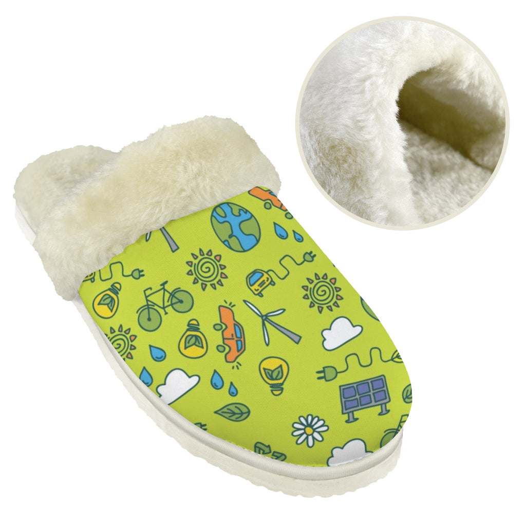Go Green Men's Fur Trim Thick-Sole Indoor Slippers Men's Fur Trimmed Slippers Environment Printed Offshore