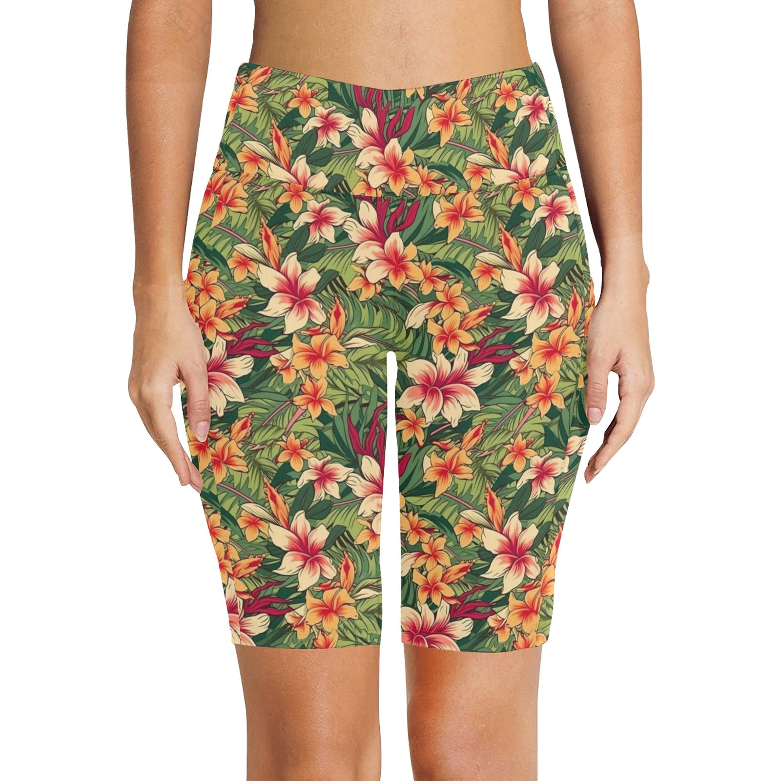 Vintage Hawaiian Floral Women's Bike Shorts With Side Pockets Women's Bike Shorts Plants Printed Offshore