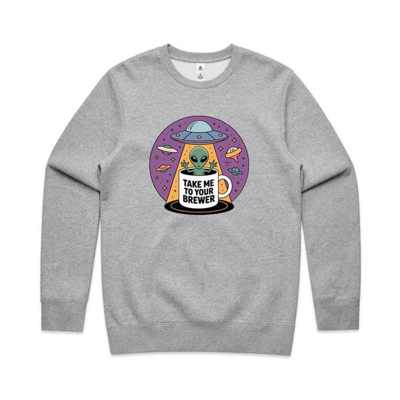 Coffee, Alien, UFO, Take Me To Your Brewer - AS Colour Stencil Crew Sweatshirt Grey Marle Sweatshirt Coffee Printed In Australia Si-Fi