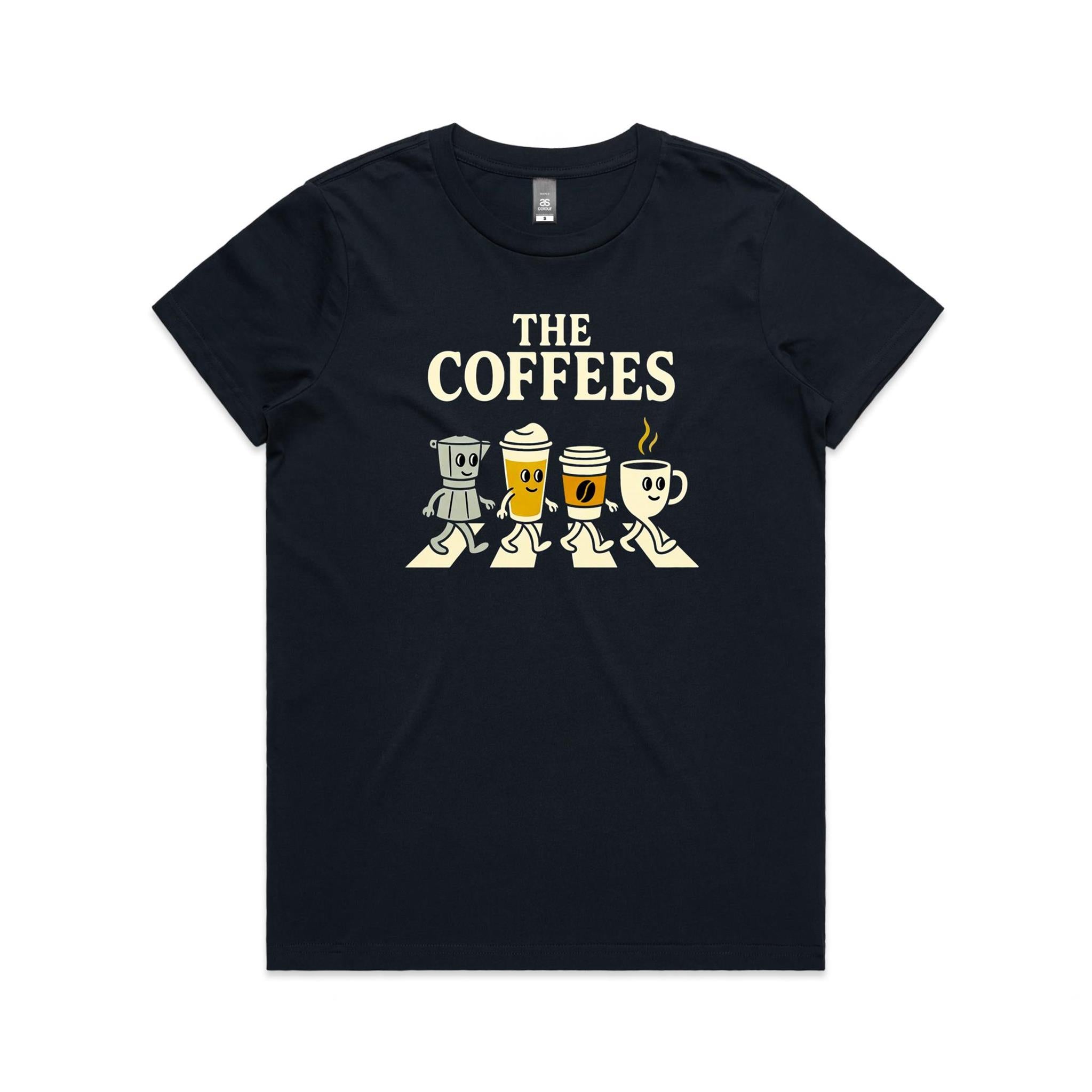 The Coffees, Crossing Road Women's AS Colour T-shirt Navy Womens T-shirt Coffee Music Printed In Australia