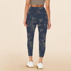 Gold Flowers On Navy - Women's High Waist Pockets Yoga Leggings