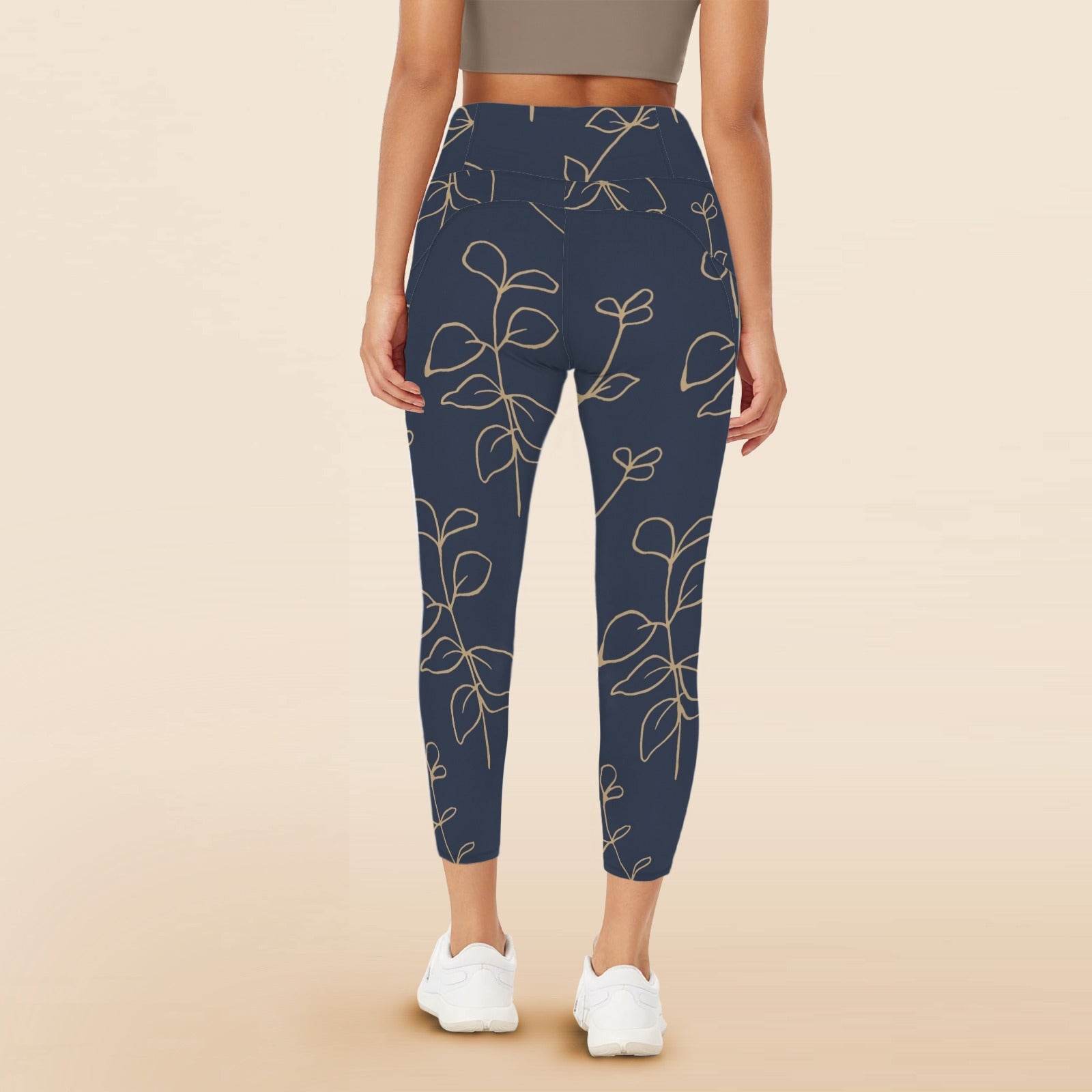 Gold Flowers On Navy - Women's High Waist Pockets Yoga Leggings