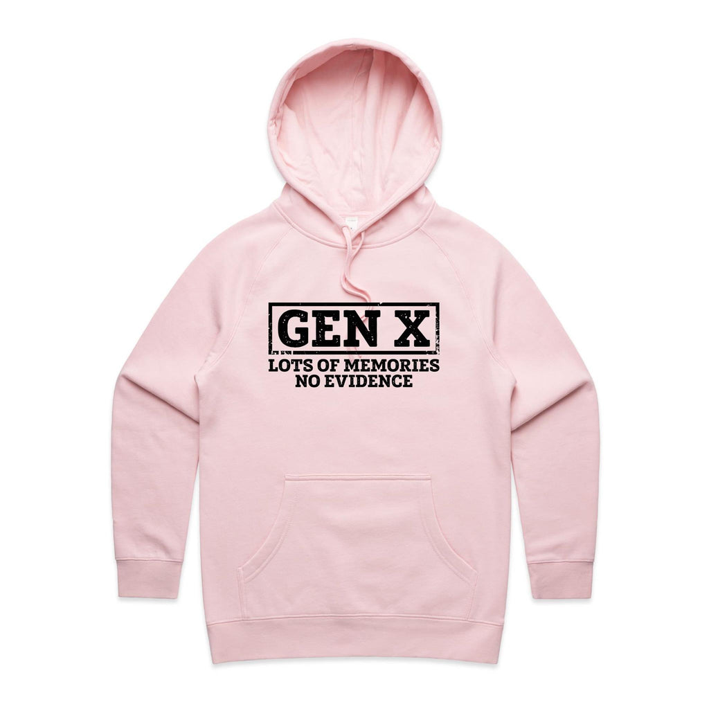 Gen X, Lots Of Memories, No Evidence Women's AS Colour Hoodie Pink Womens Hoodie Printed In Australia