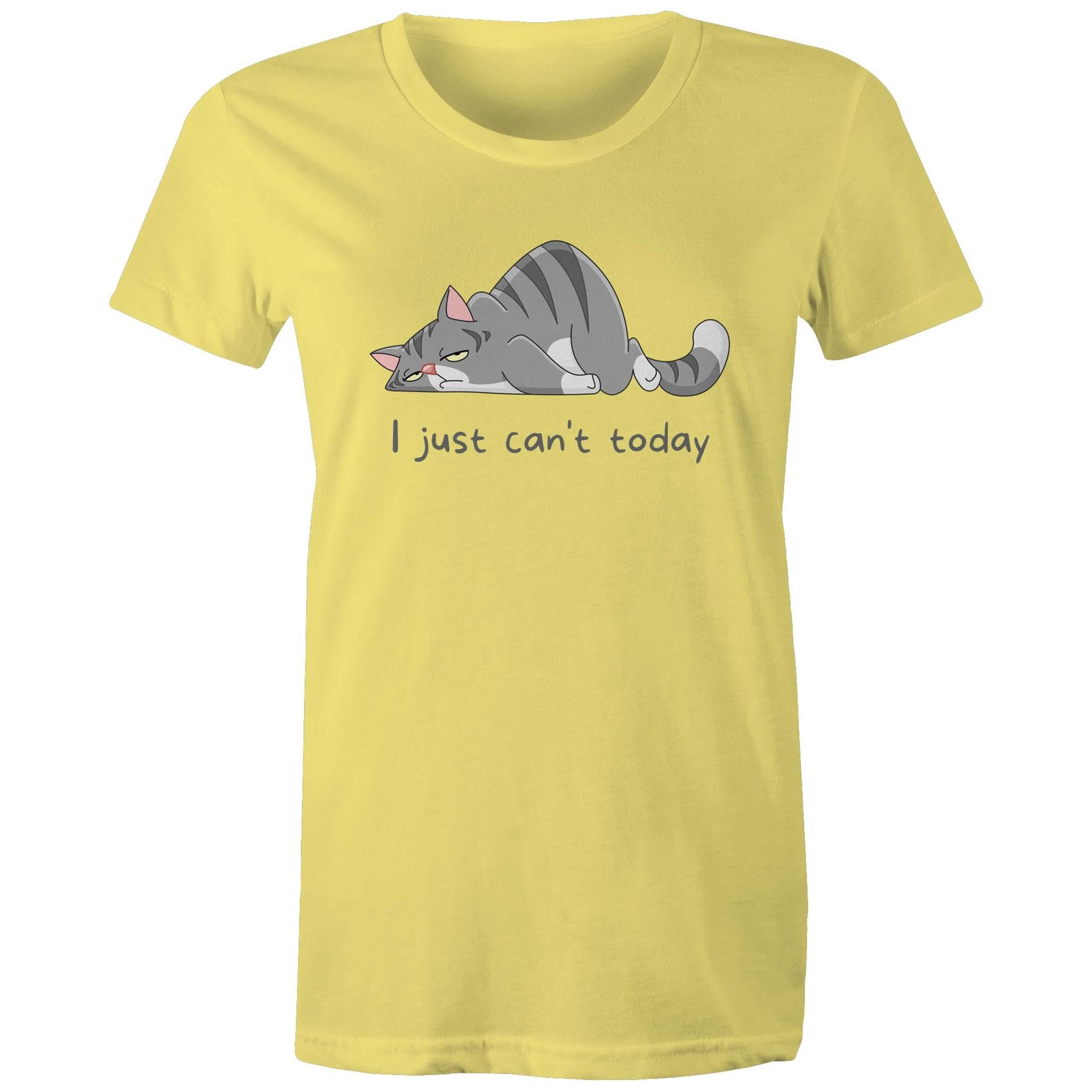 Cat, I Just Can't Today - Womens T-shirt Yellow Womens T-shirt animal Printed In Australia