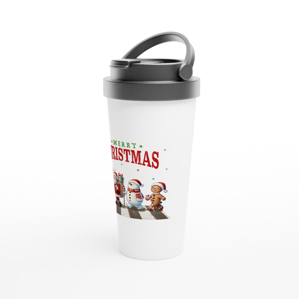 Fab Four, Merry Christmas - White 15oz Stainless Steel Travel Mug Christmas Travel Mug Christmas Globally Fulfilled