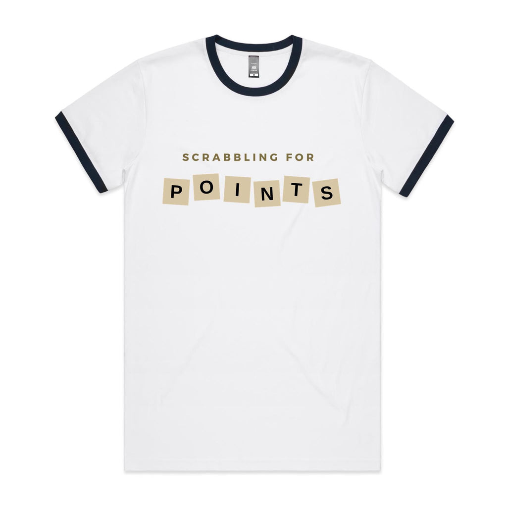 Scrabbling For Points - Staple Ringer Tee White Navy Ringer T-Shirt Games Printed In Australia